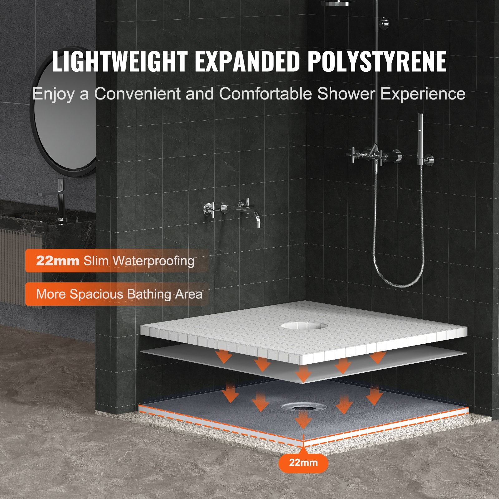 Shower Curb Kit 914x914mm Pan Kit 160mm Central Drain EPS Install Waterproof
