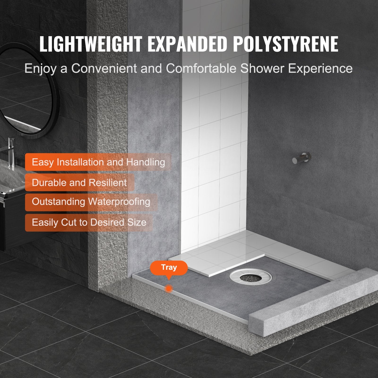 Shower Curb Kit 914x914mm Pan Kit 160mm Central Drain EPS Install Waterproof