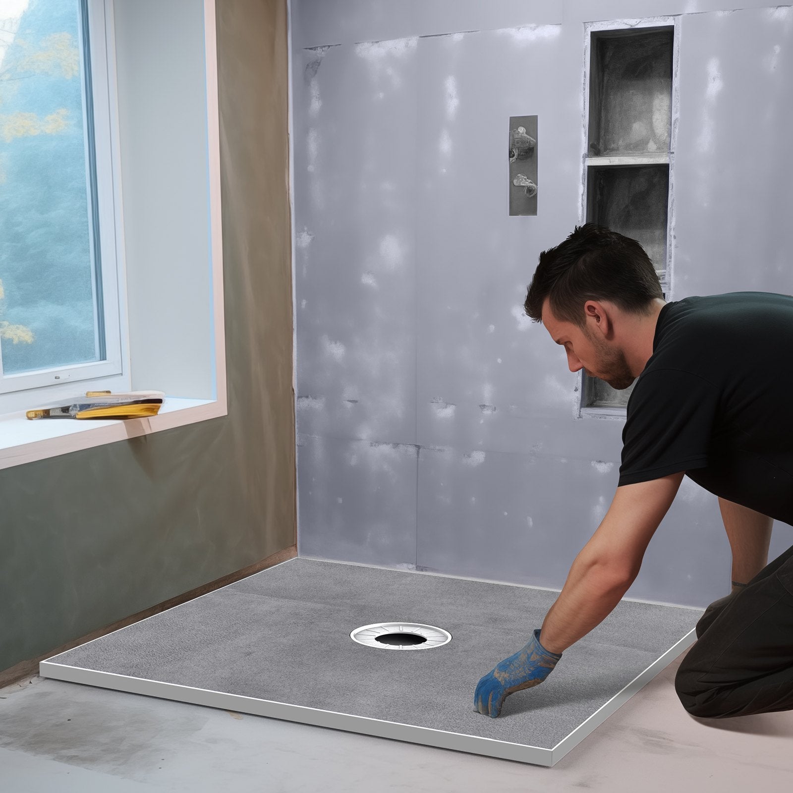 Shower Curb Kit 914x914mm Pan Kit 160mm Central Drain EPS Install Waterproof