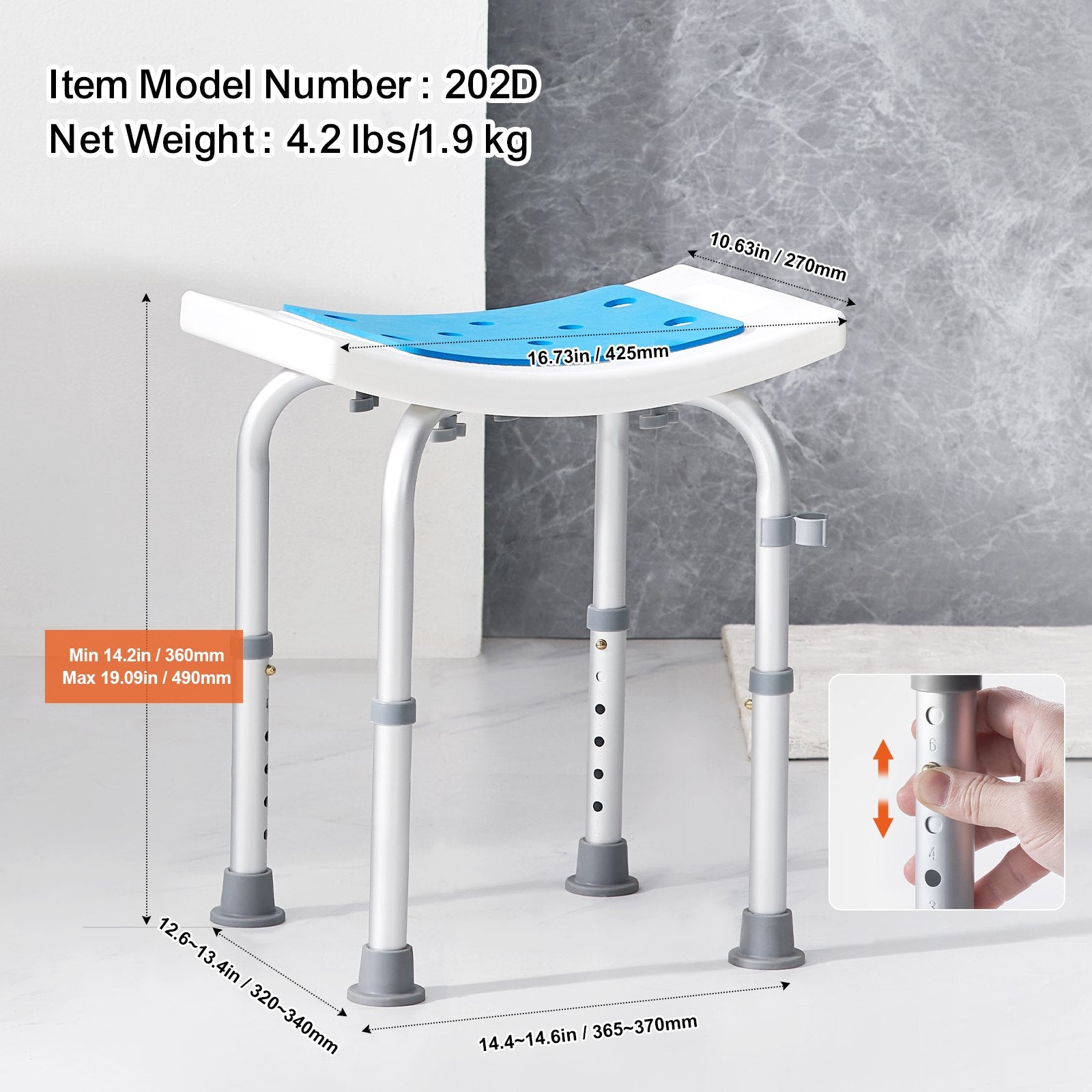 Adjustable Shower Chair with Handles Non-Slip Bath Stool 350lbs Capacity