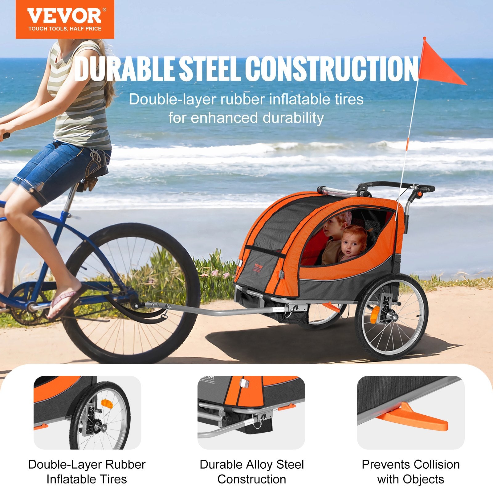 Bike Trailer for Kids, Double Seat, 45kg, 2-in-1 Stroller Carrier, Foldable