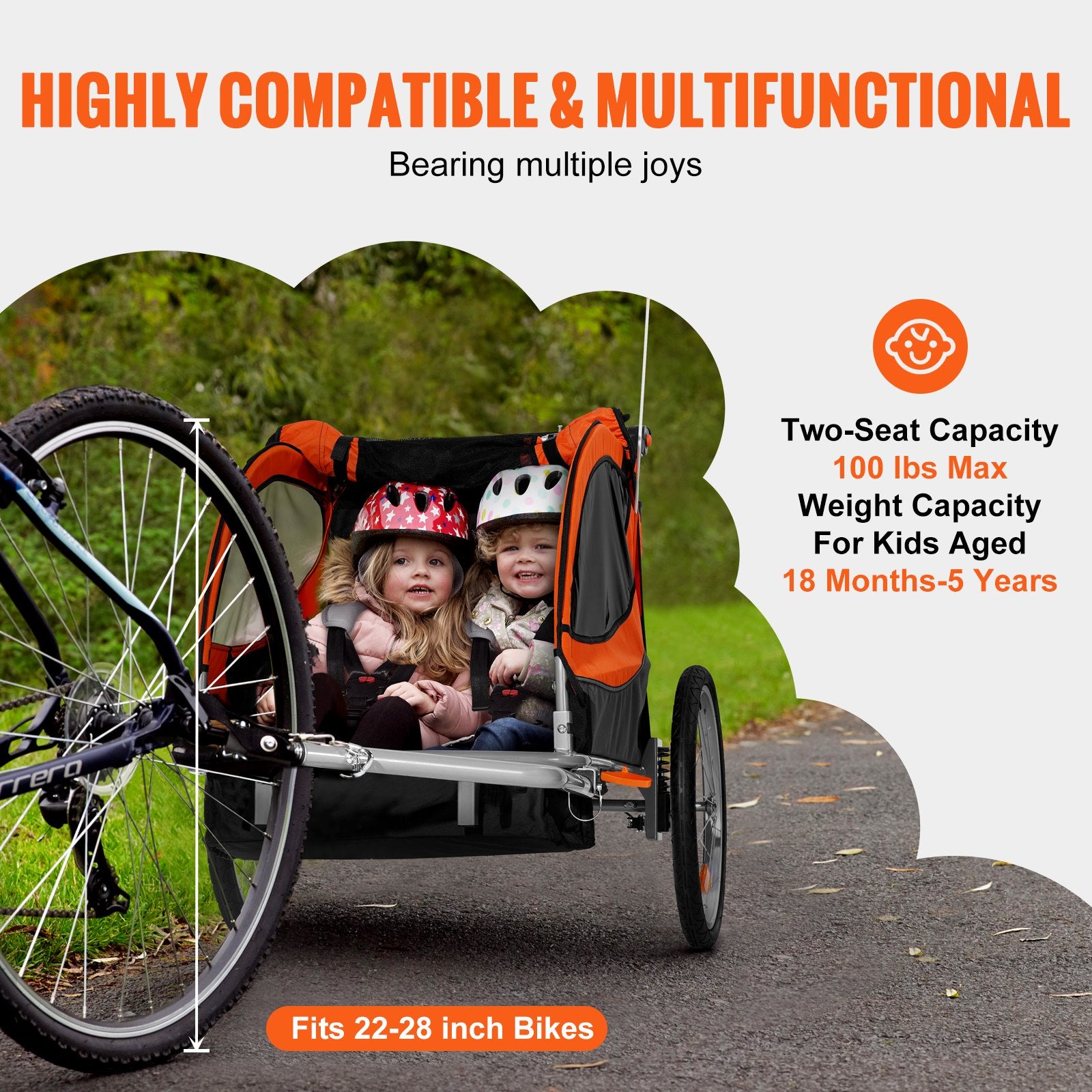 Bike Trailer for Kids, Double Seat, 45kg, 2-in-1 Stroller Carrier, Foldable