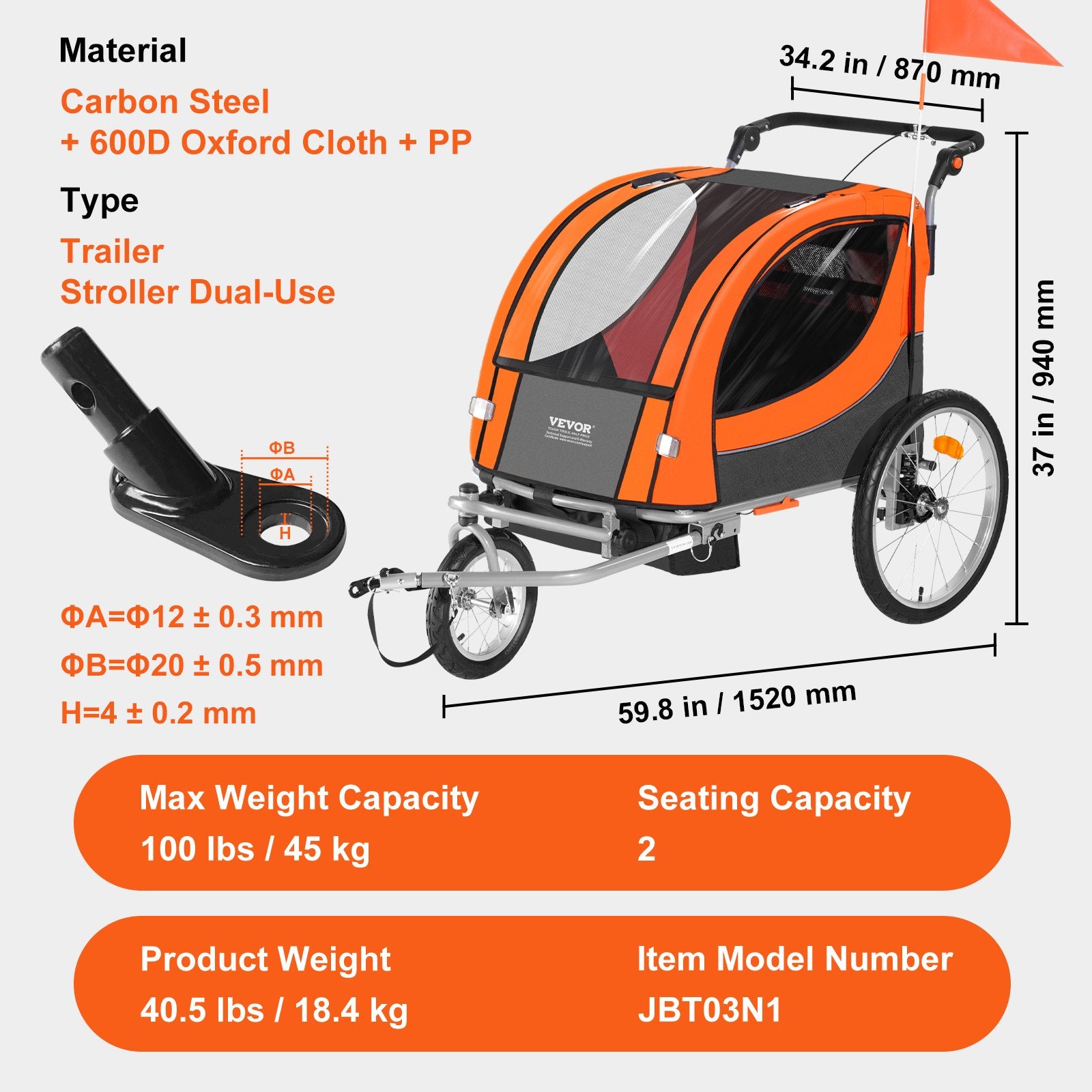 Bike Trailer for Kids, Double Seat, 45kg, 2-in-1 Stroller Carrier, Foldable