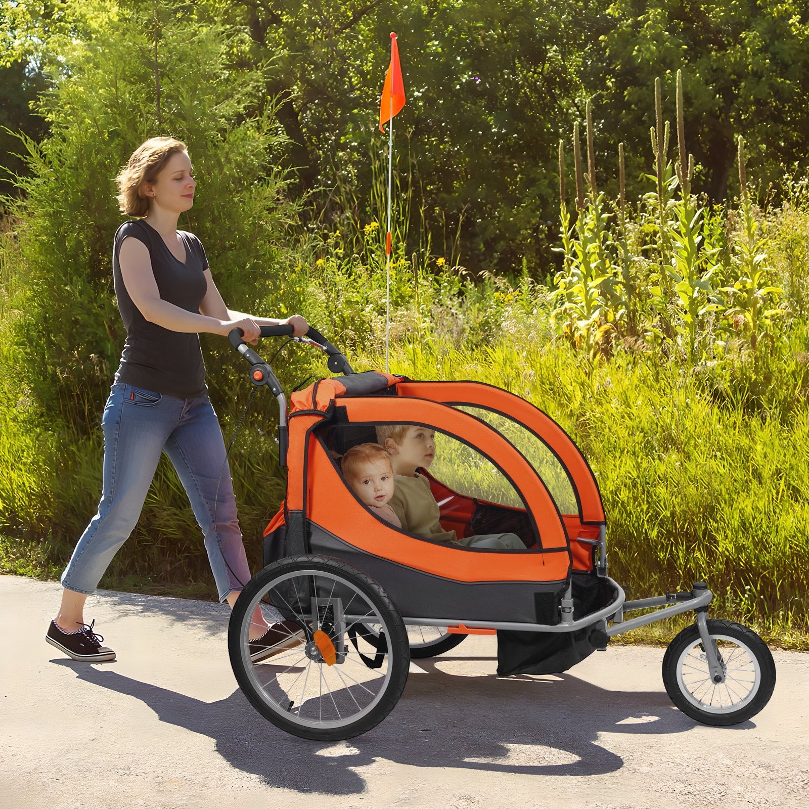 Bike Trailer for Kids, Double Seat, 45kg, 2-in-1 Stroller Carrier, Foldable