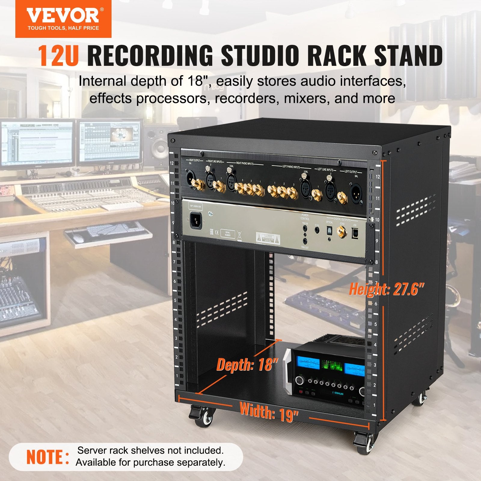 12U AV Rack Stand 136kg Lockable Casters Vent for 482.6mm Audio Video Equipment