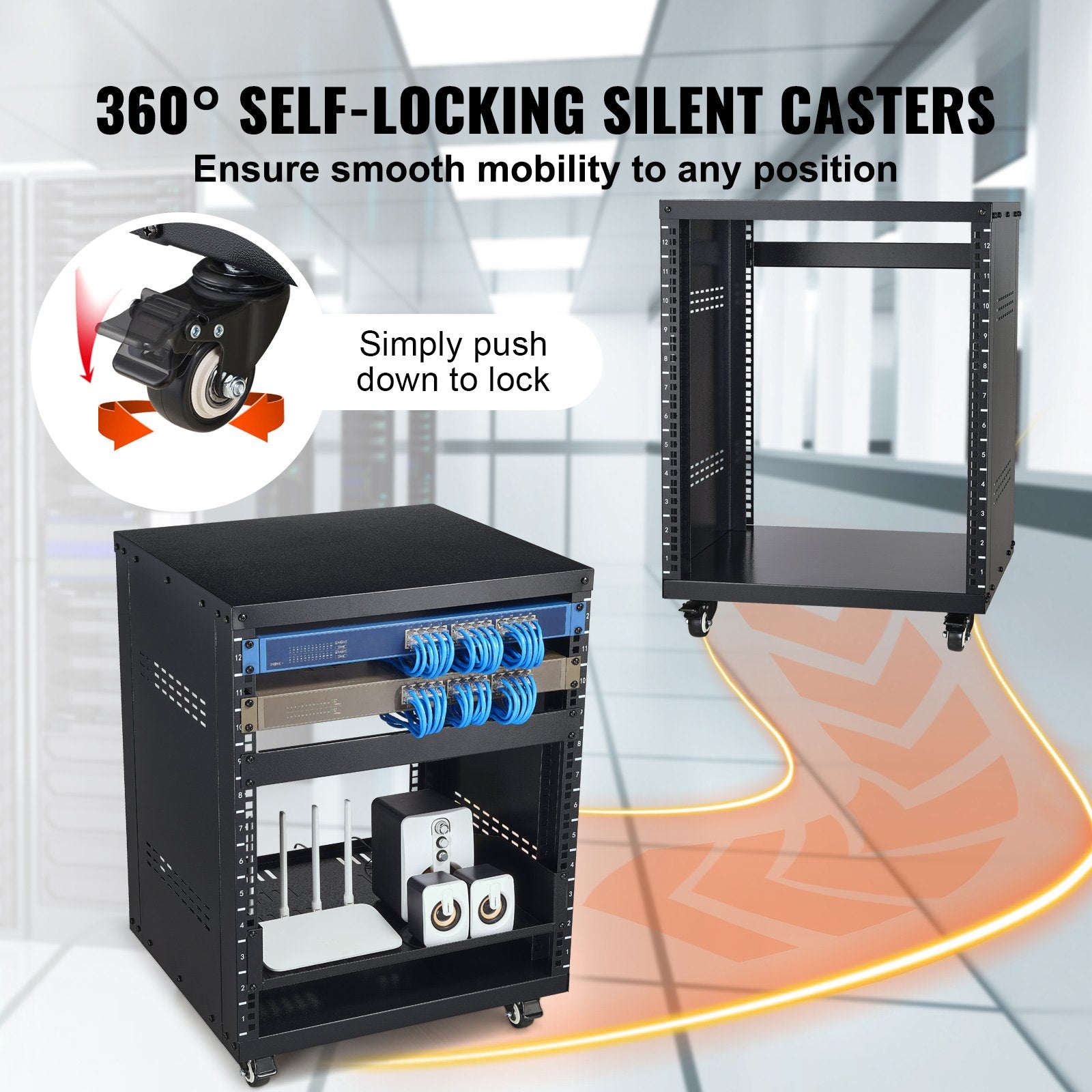 12U AV Rack Stand 136kg Lockable Casters Vent for 482.6mm Audio Video Equipment