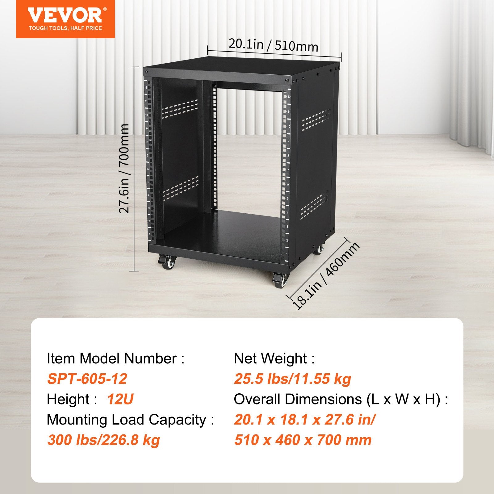 12U AV Rack Stand 136kg Lockable Casters Vent for 482.6mm Audio Video Equipment