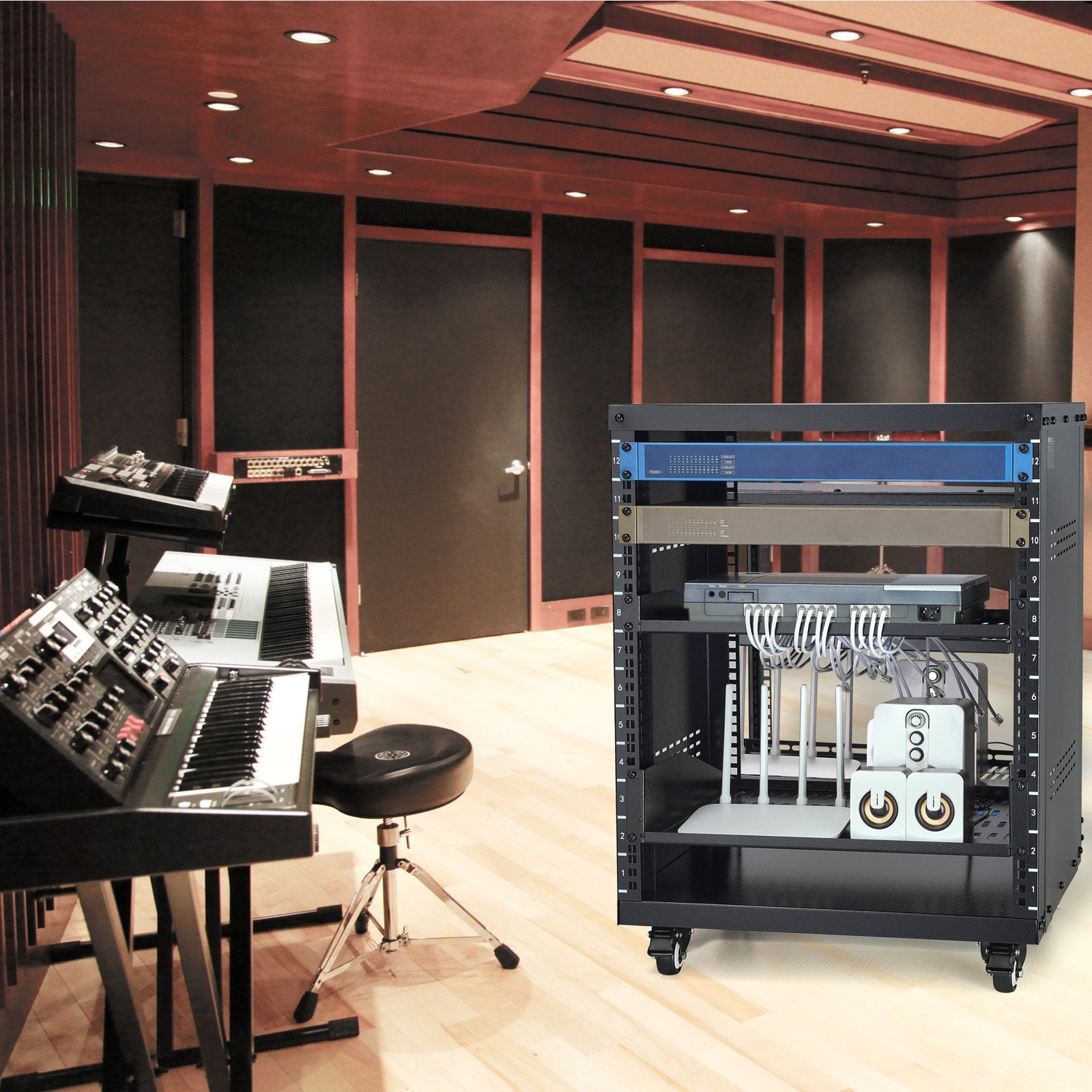 12U AV Rack Stand 136kg Lockable Casters Vent for 482.6mm Audio Video Equipment