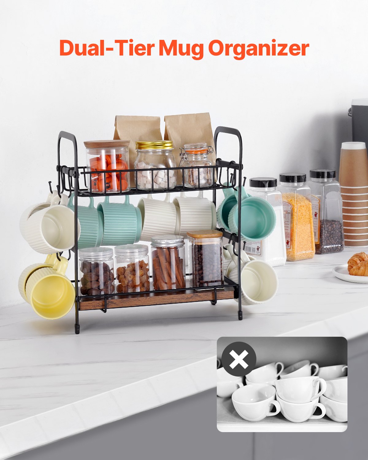 Coffee Bar Organizer 2 Tier Countertop Mug Holder 2 Shelves 12 Hooks