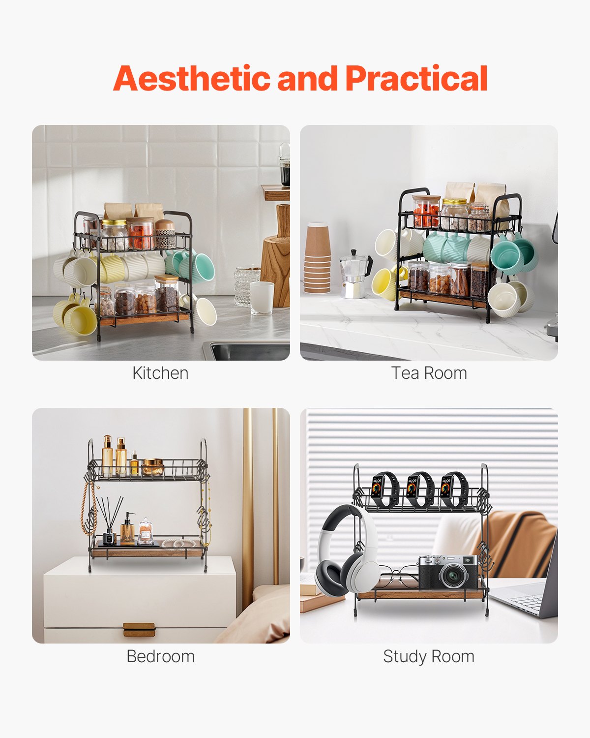 Coffee Bar Organizer 2 Tier Countertop Mug Holder 2 Shelves 12 Hooks