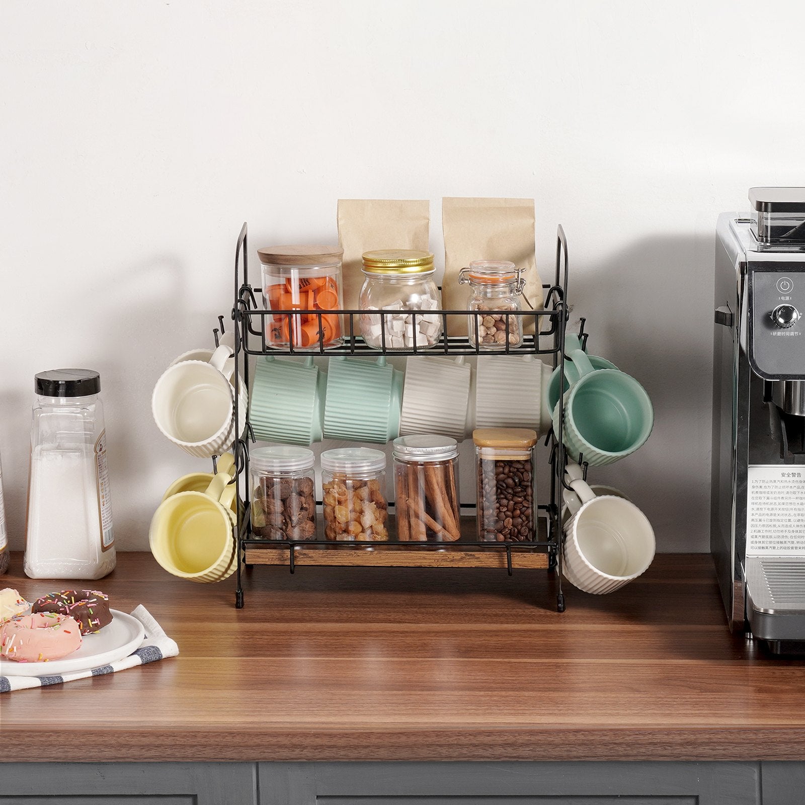 Coffee Bar Organizer 2 Tier Countertop Mug Holder 2 Shelves 12 Hooks