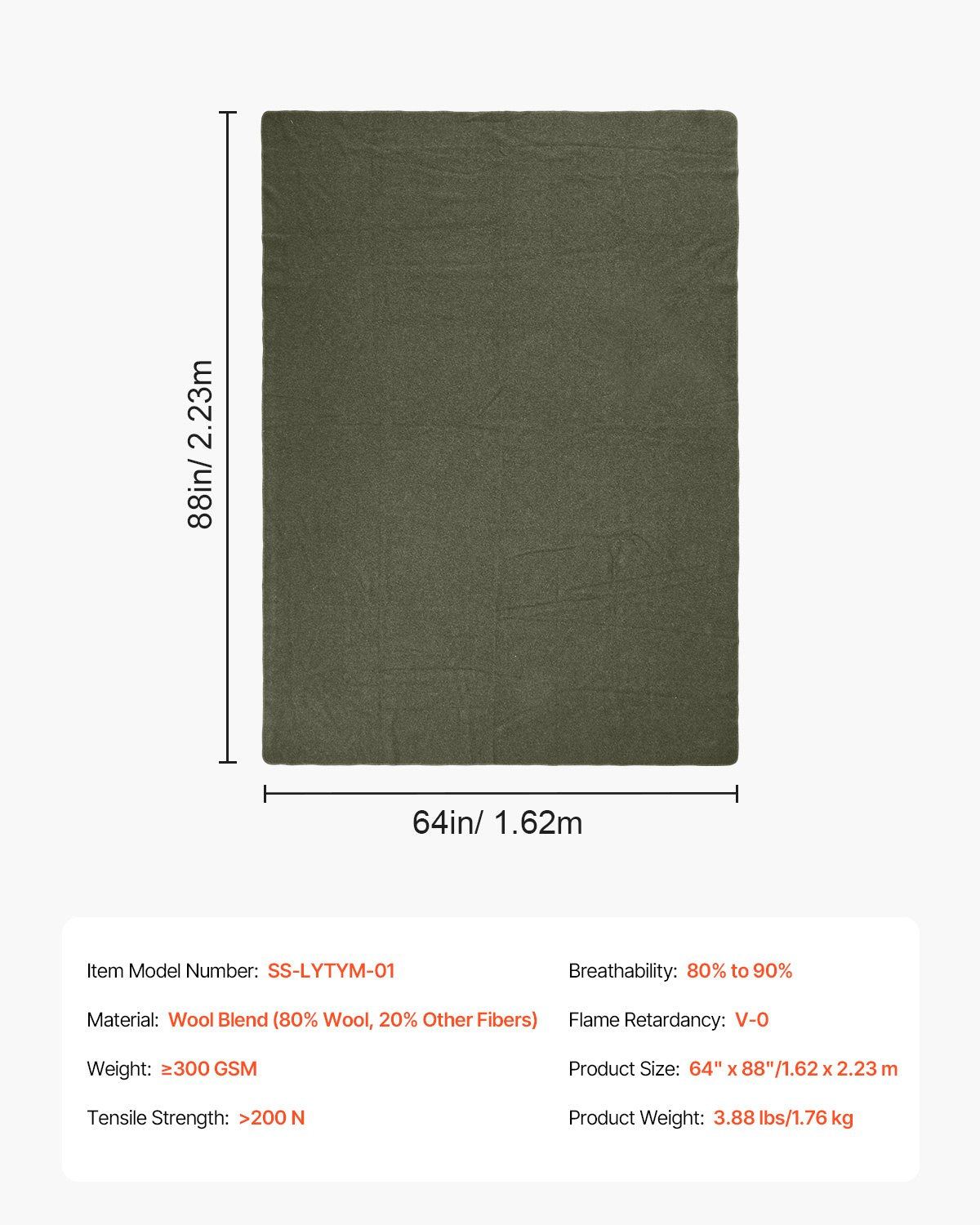 Wool Camping Blanket 1.62x2.23m, Large Warm Waterproof Windproof Flame Retardant