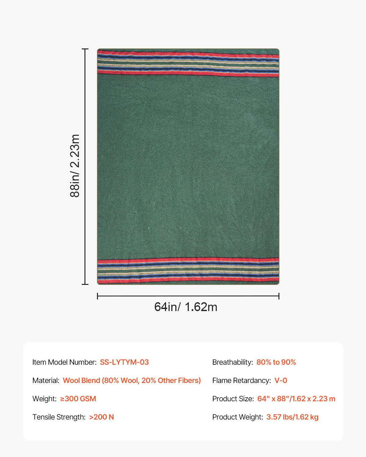 Wool Camping Blanket 1.62m x 2.23m Warm and Waterproof, Texture Multicolour