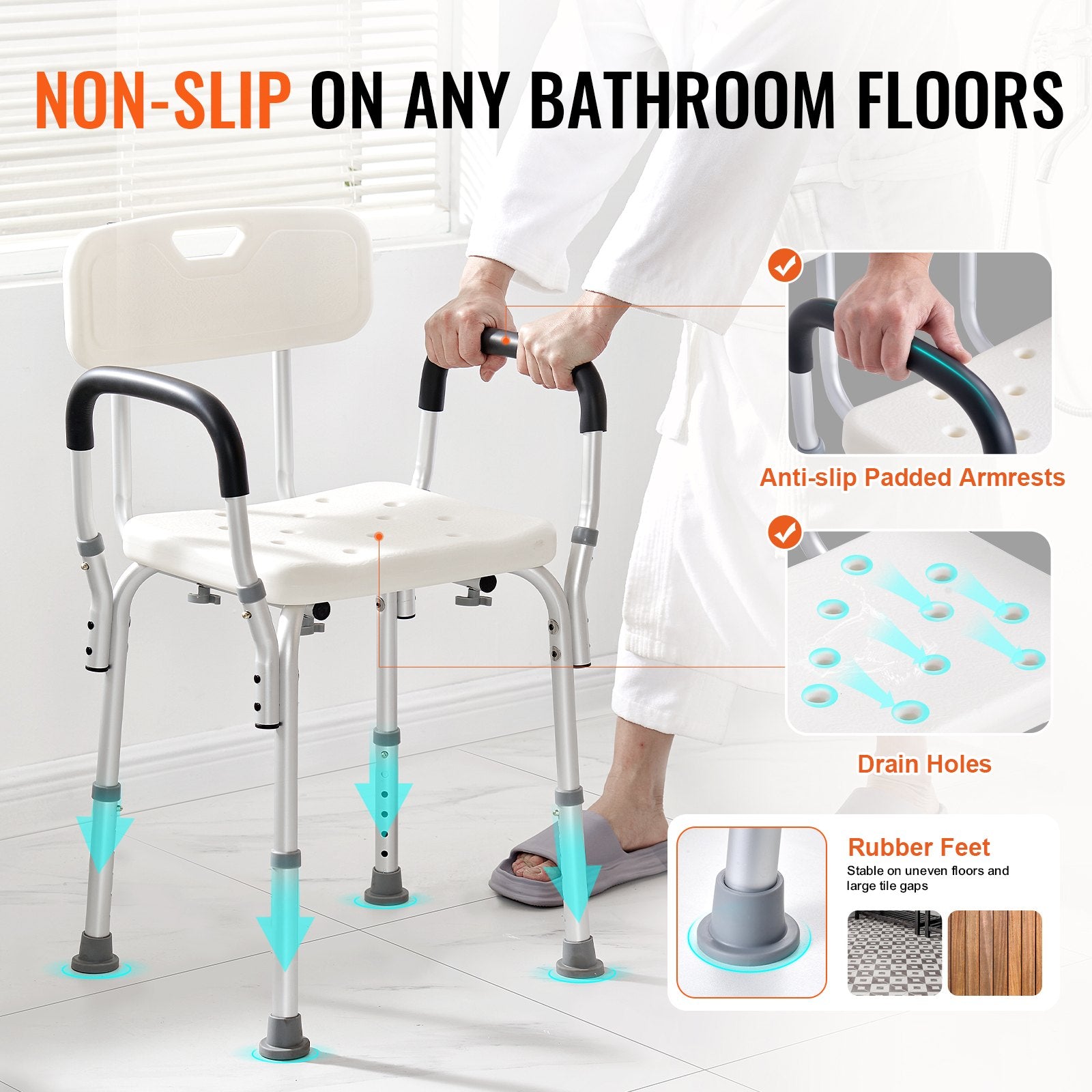 Shower Chair with Back Adjustable Height Non-Slip Bath Seat for Elderly 158.8kg