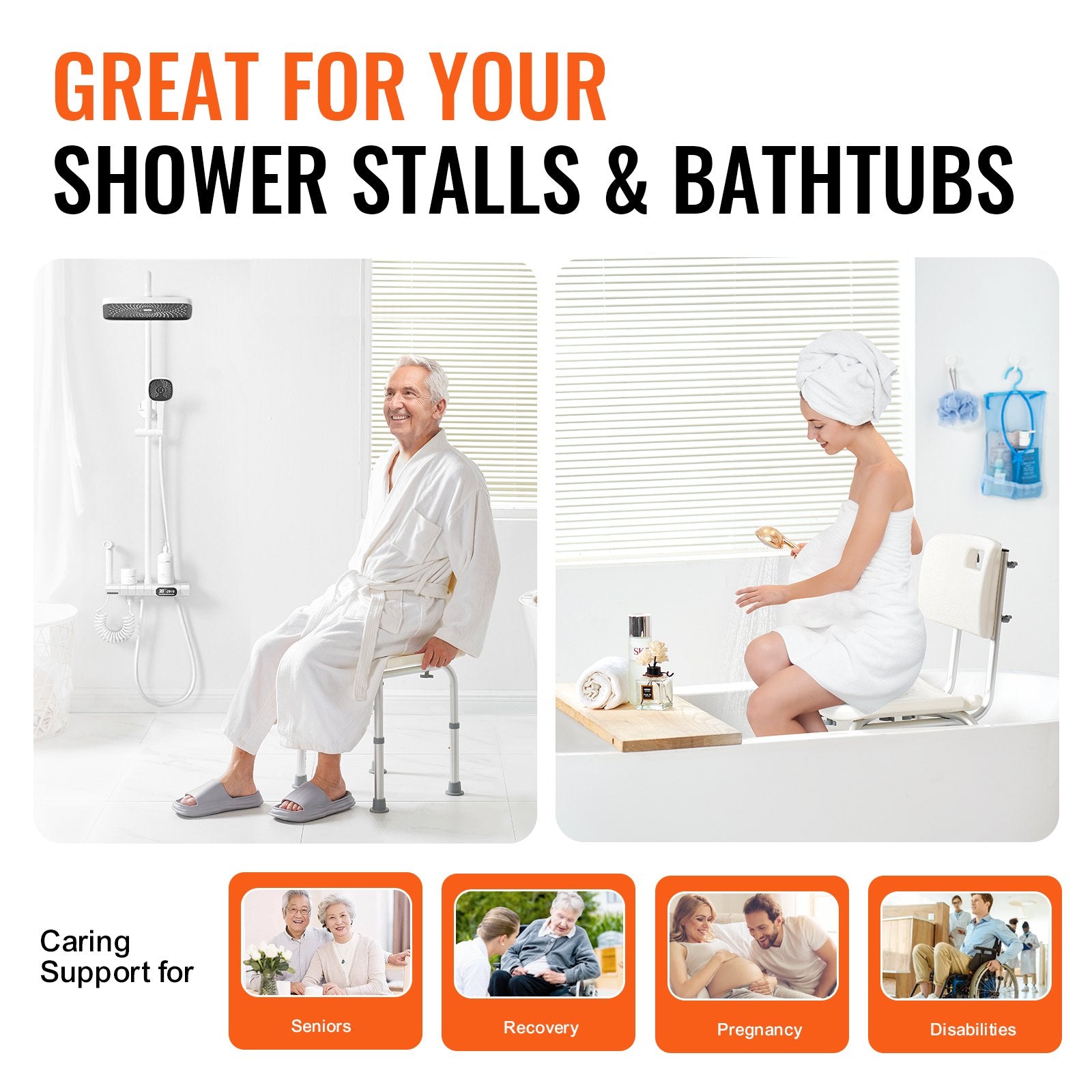 Shower Chair with Back Adjustable Height Non-Slip Bath Stool for Elderly 158.8kg
