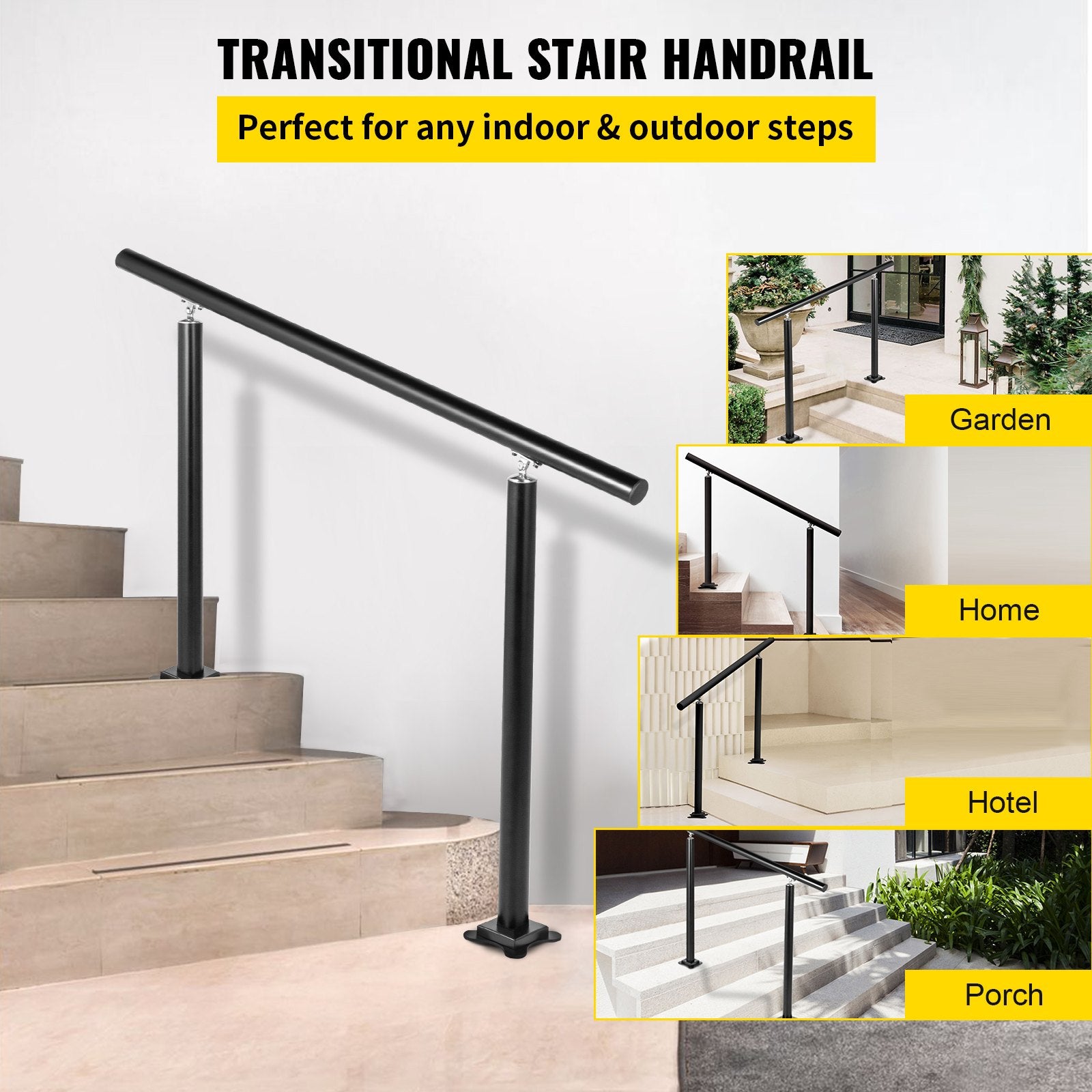 Handrail Outdoor Stairs 34 Inch Adjustable 0-60° Black Aluminum Stair Railing