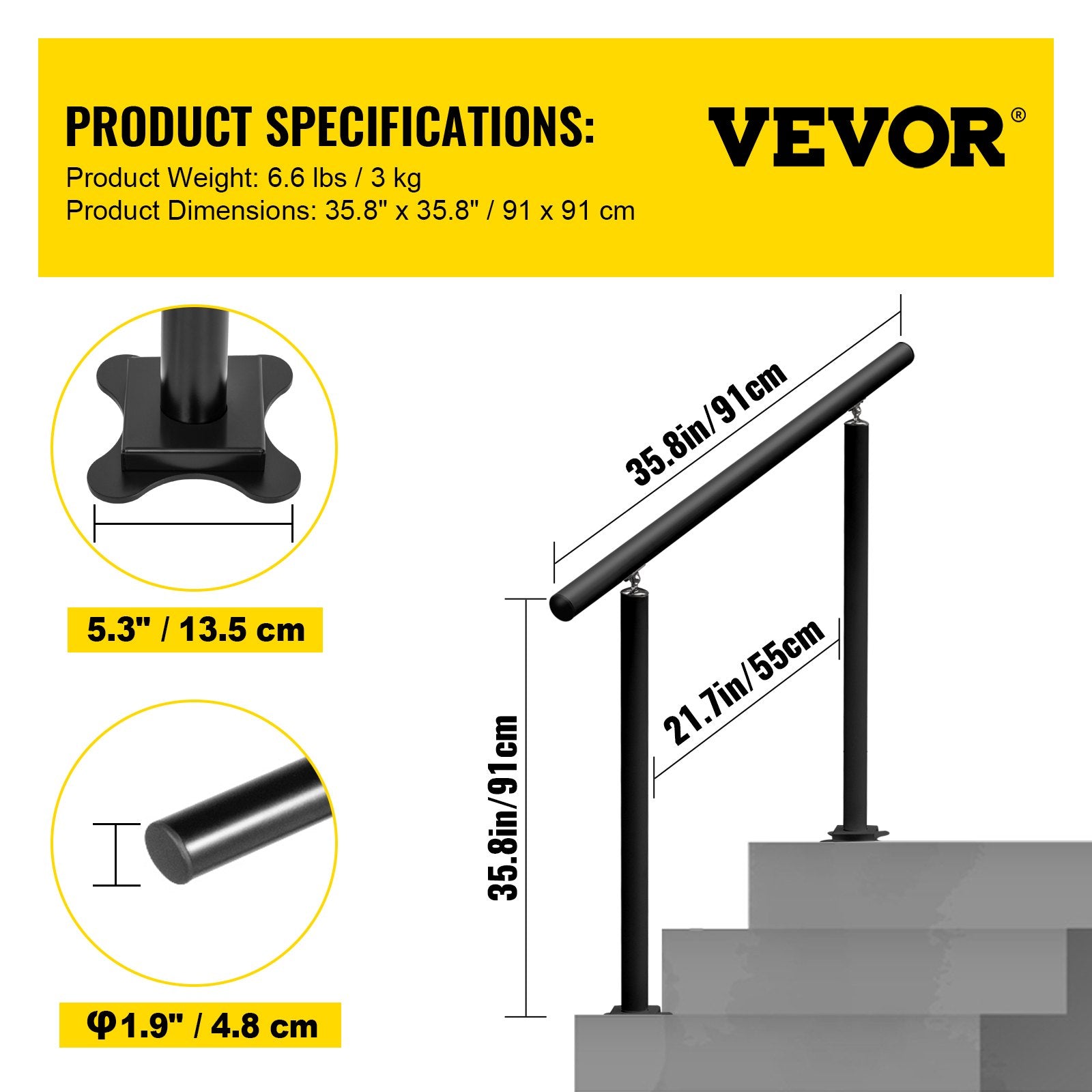 Handrail Outdoor Stairs 34 Inch Adjustable 0-60° Black Aluminum Stair Railing