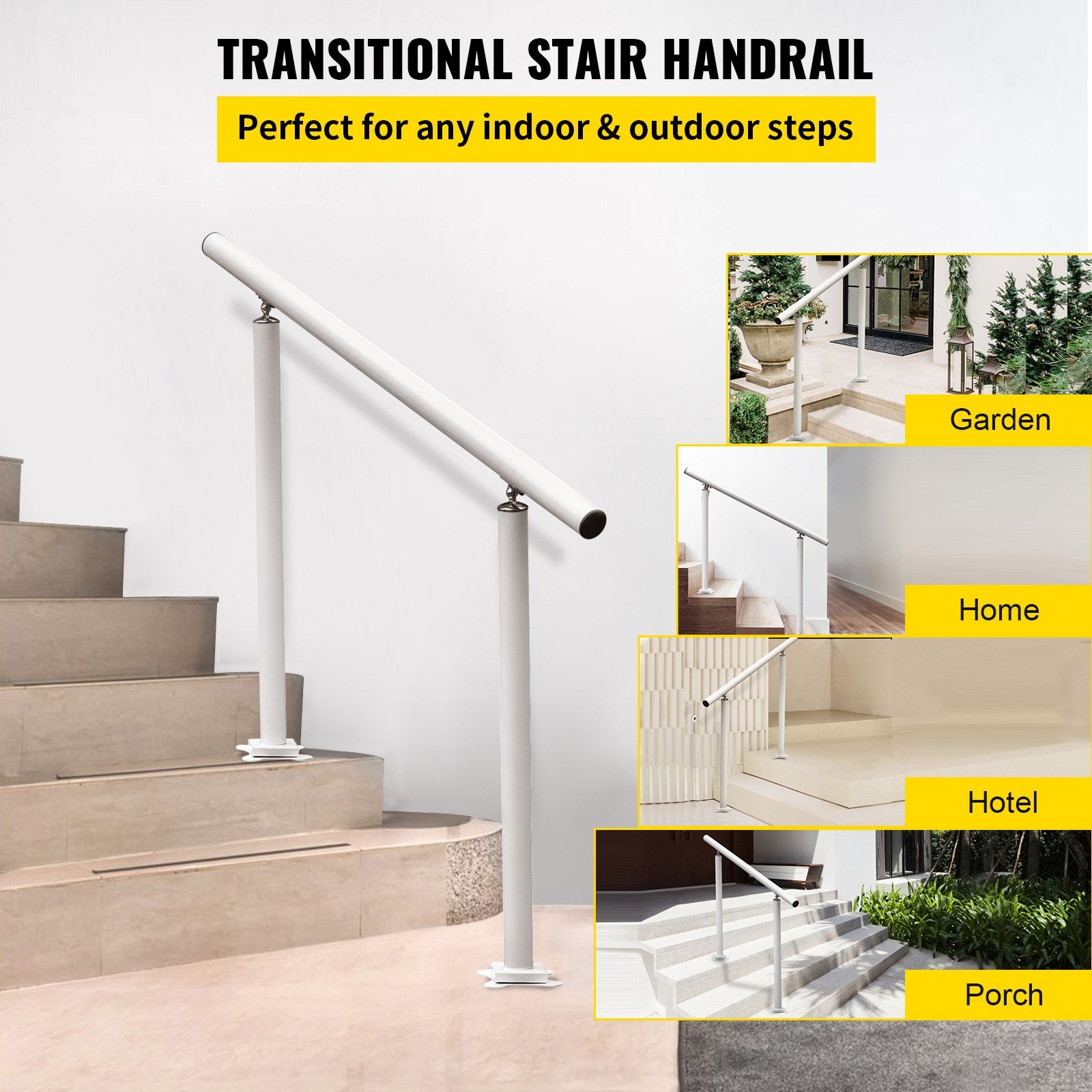Handrail Outdoor Stairs 34 Inch Adjustable 0-60° White Aluminum Stair Railing