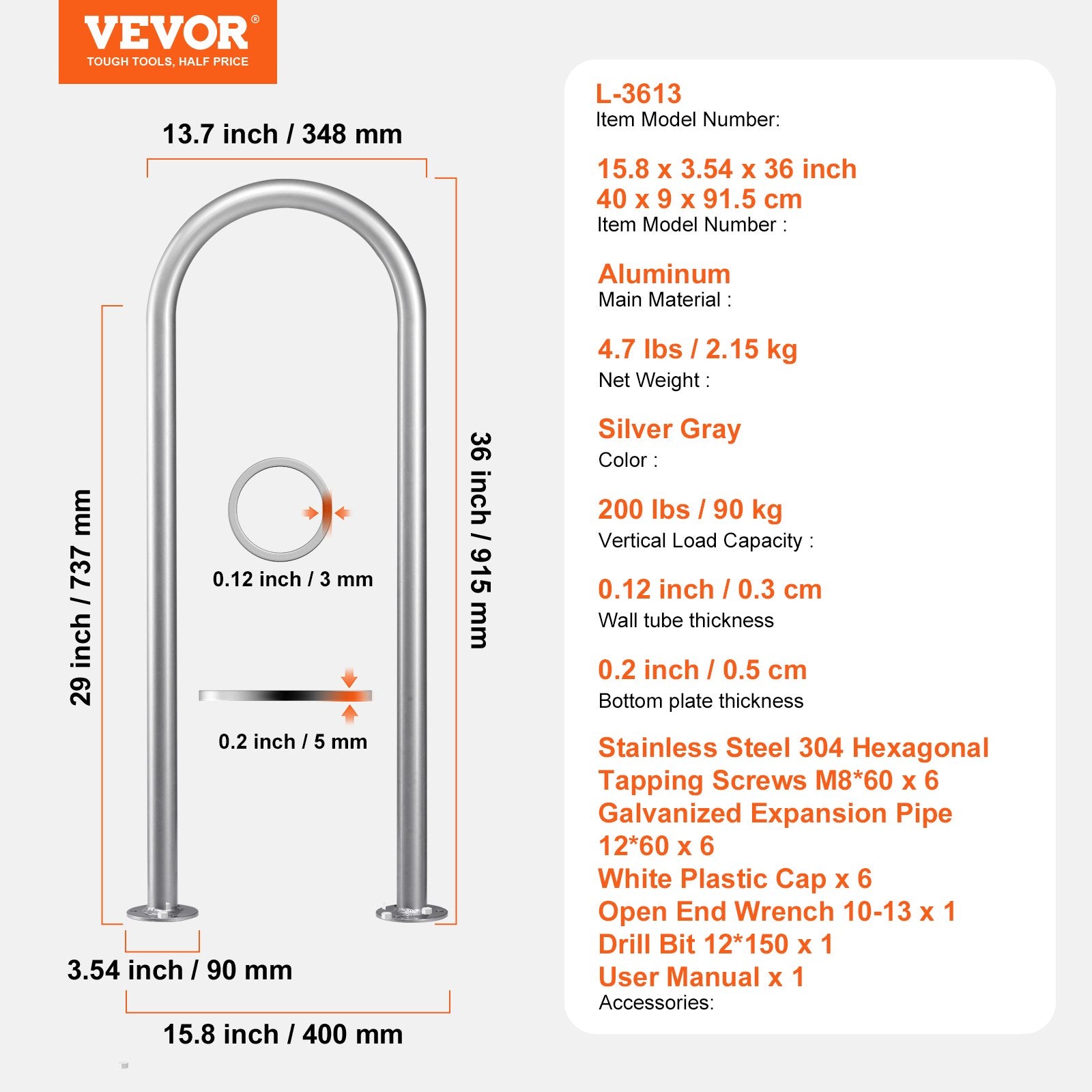 Pool Handrail Aluminum 36x13in Rust-Proof Safety Grab Bar for Indoor/Outdoor Use