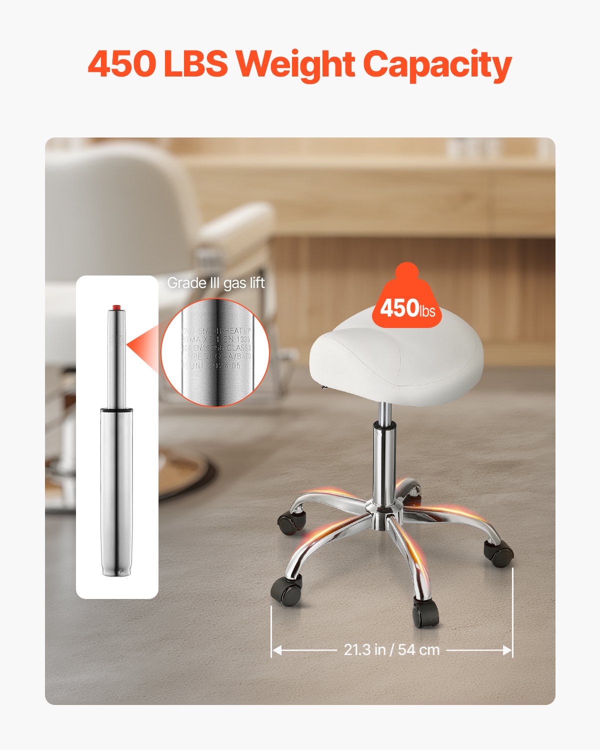 Saddle Rolling Stool PU Leather 360° Swivel Height Adjustable Work Stool White