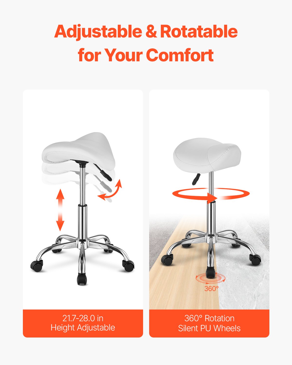 Saddle Rolling Stool PU Leather 360° Swivel Height Adjustable Work Stool White