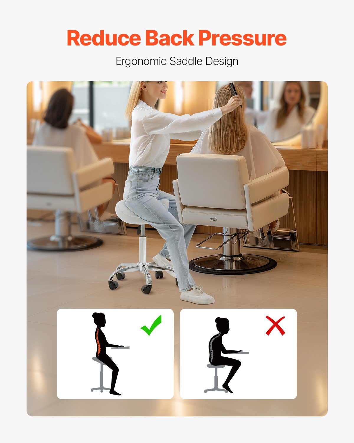 Saddle Rolling Stool PU Leather 360° Swivel Height Adjustable Work Stool White