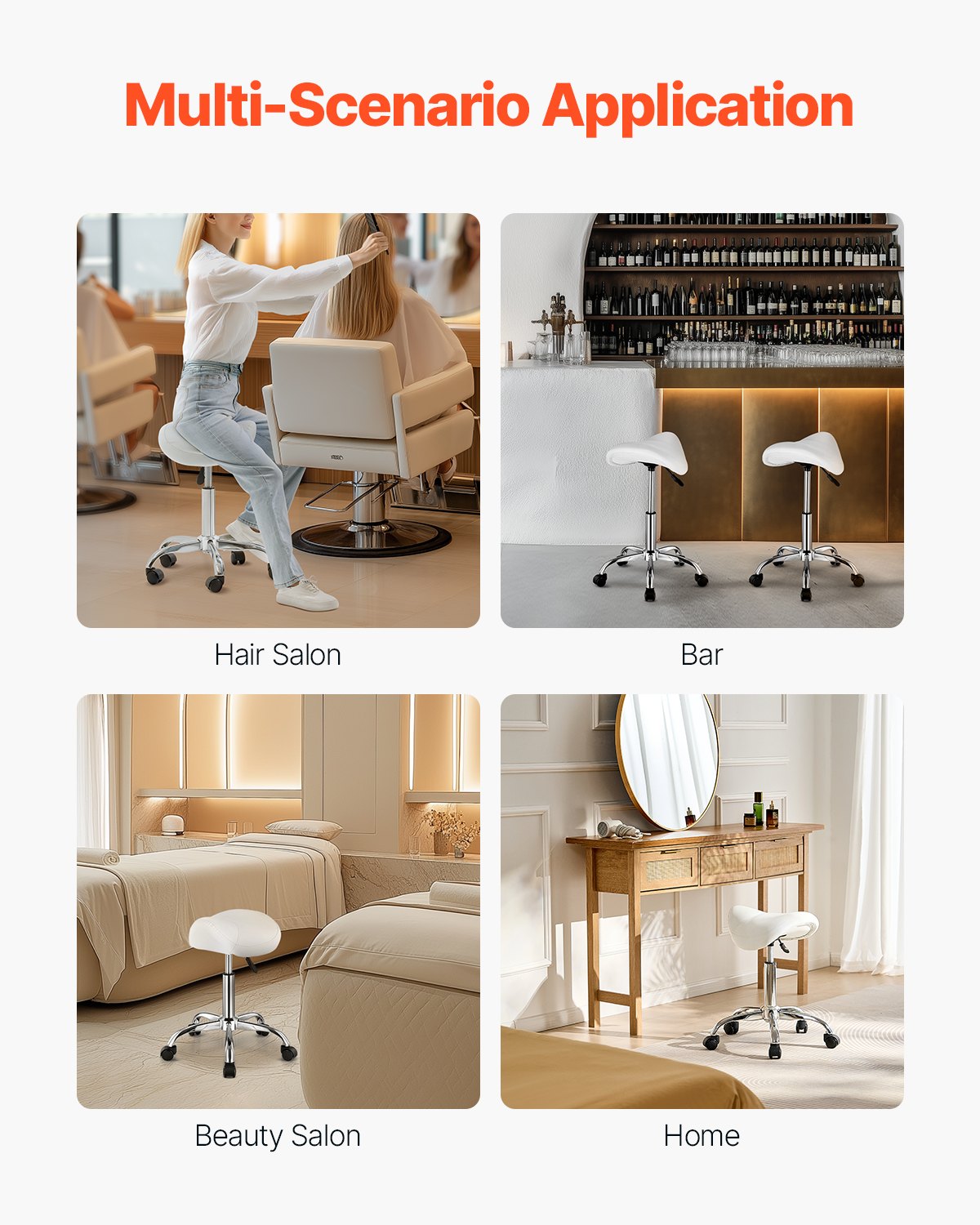 Saddle Rolling Stool PU Leather 360° Swivel Height Adjustable Work Stool White