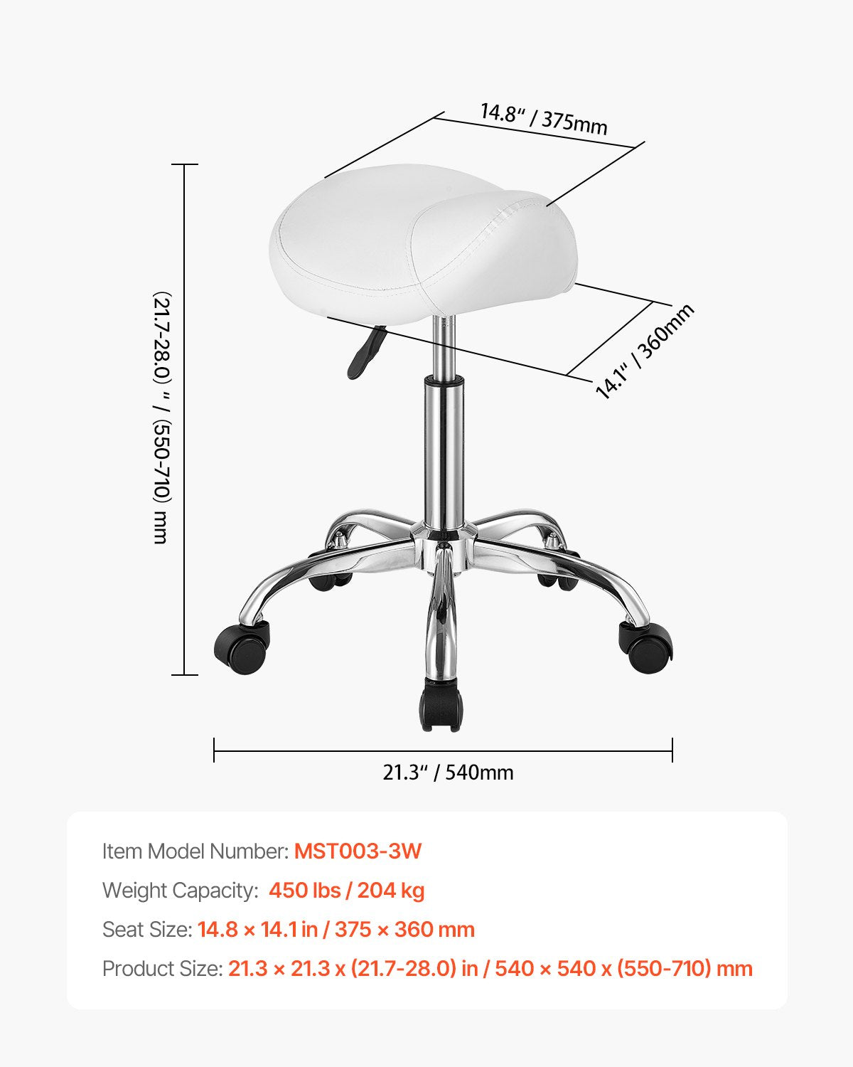 Saddle Rolling Stool PU Leather 360° Swivel Height Adjustable Work Stool White