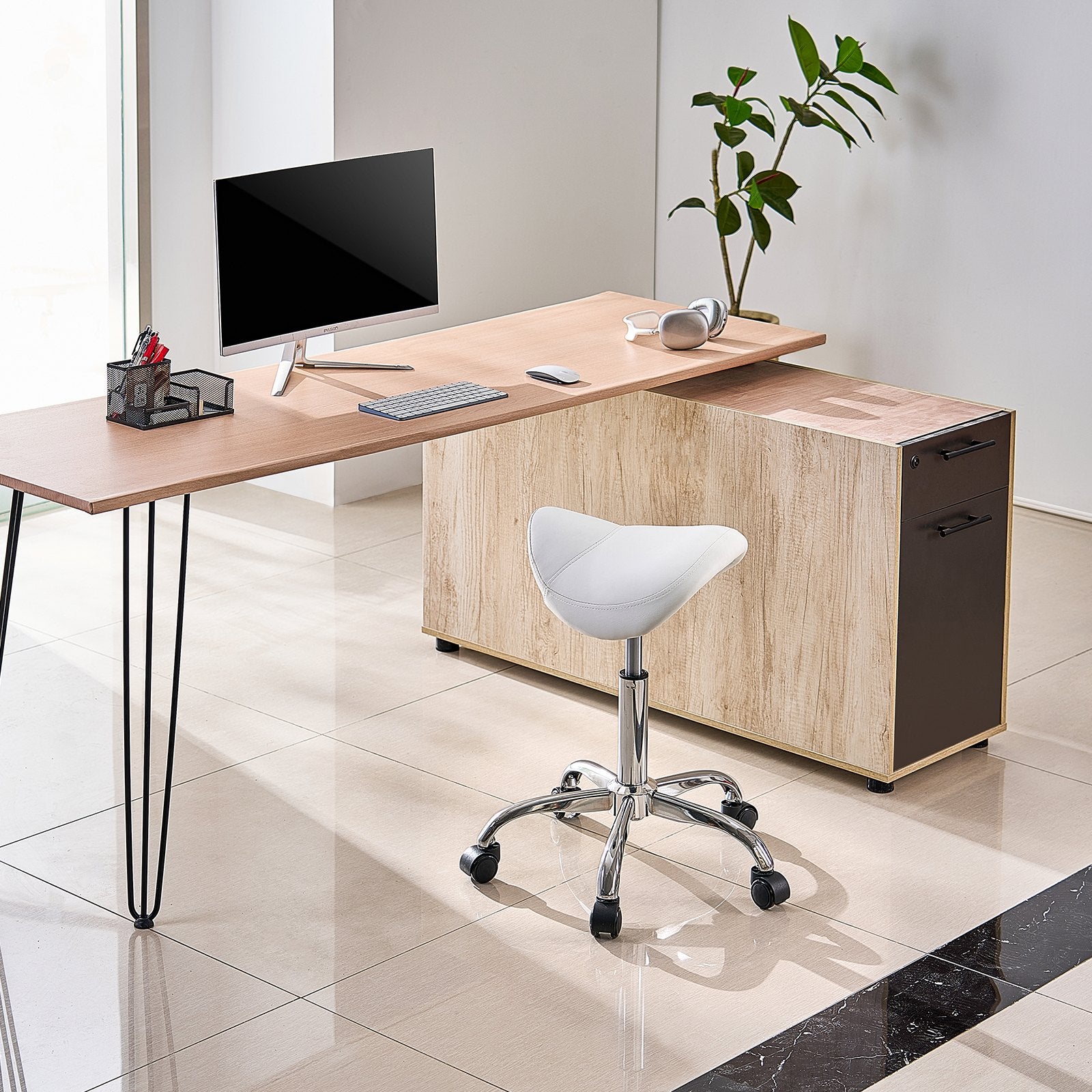 Saddle Rolling Stool PU Leather 360° Swivel Height Adjustable Work Stool White