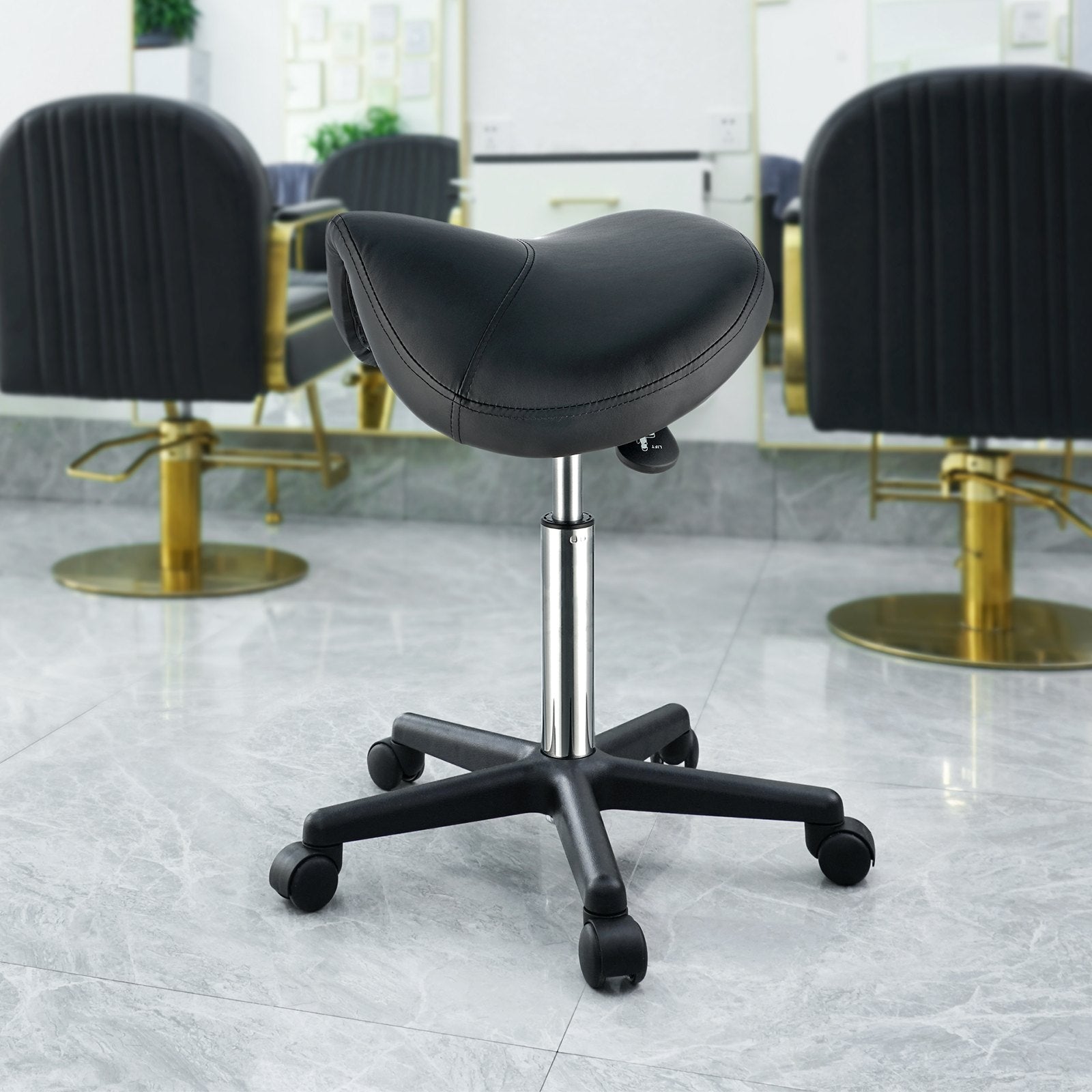 Saddle Stool Ergonomic Height Adjustable PU Leather Swivel Wheels 400lbs Black