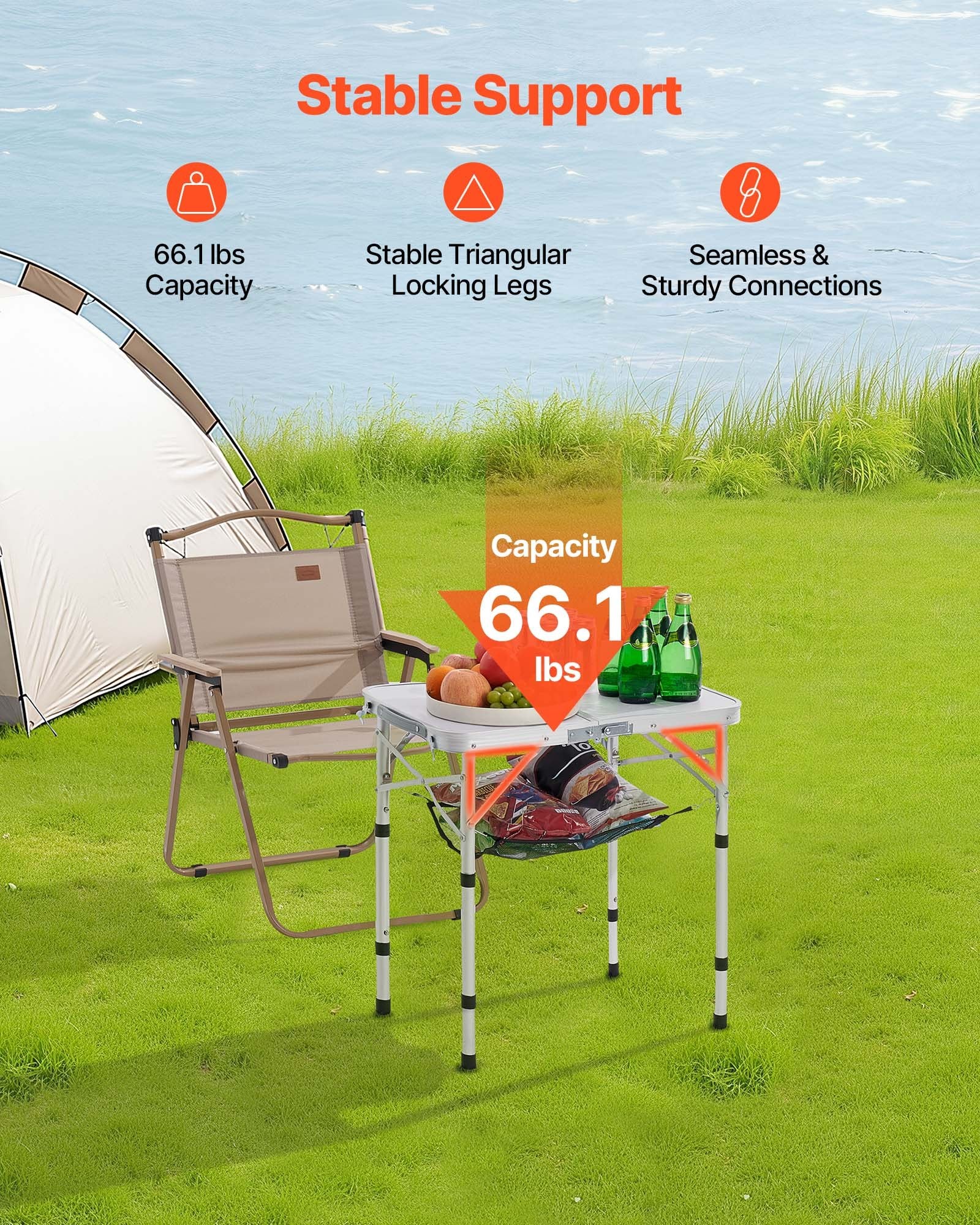 Folding Camping Table Adjustable Aluminum MDF Side Table Mesh 24x16in Silver
