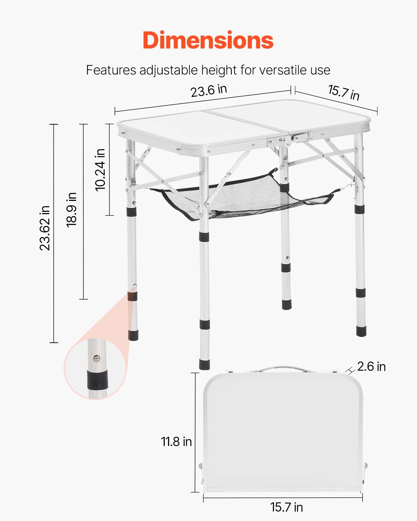 Folding Camping Table Adjustable Aluminum MDF Side Table Mesh 24x16in Silver