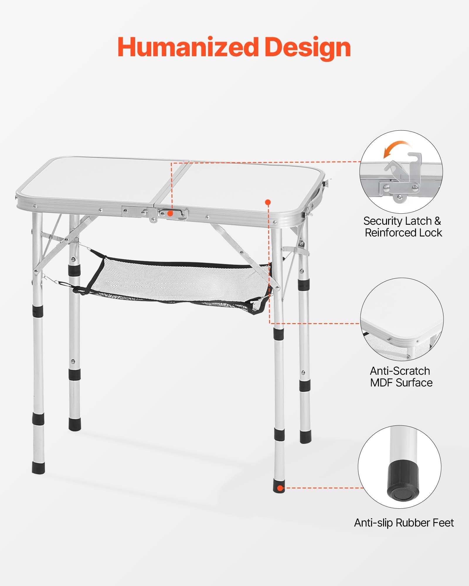 Folding Camping Table Adjustable Aluminum MDF Side Table Mesh 24x16in Silver
