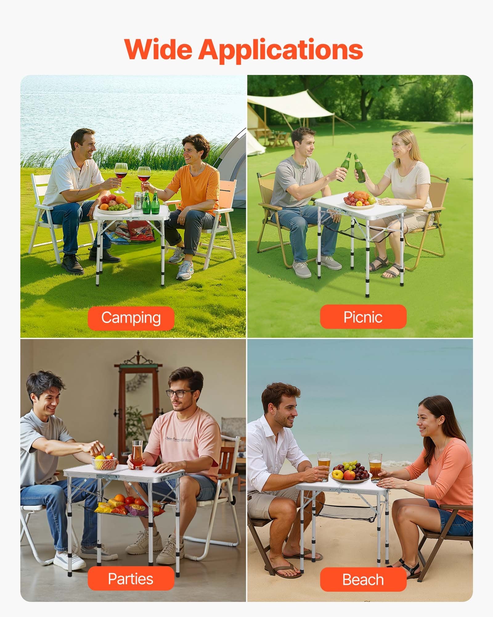 Folding Camping Table Adjustable Aluminum MDF Side Table Mesh 24x16in Silver