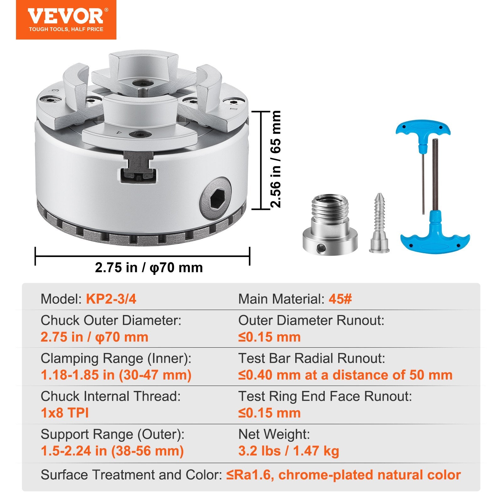 KP2-3/4 Lathe Chuck 4-Jaw 70mm Metal SelfCentering for Lathe Precision Machining