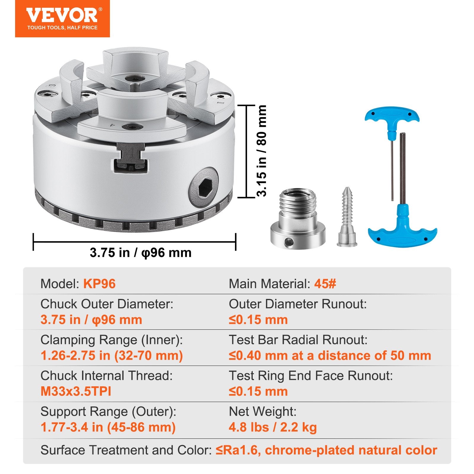 KP96 Lathe Chuck 4-Jaw 96mm Metal Self-Centering for Lathe Precision Machining