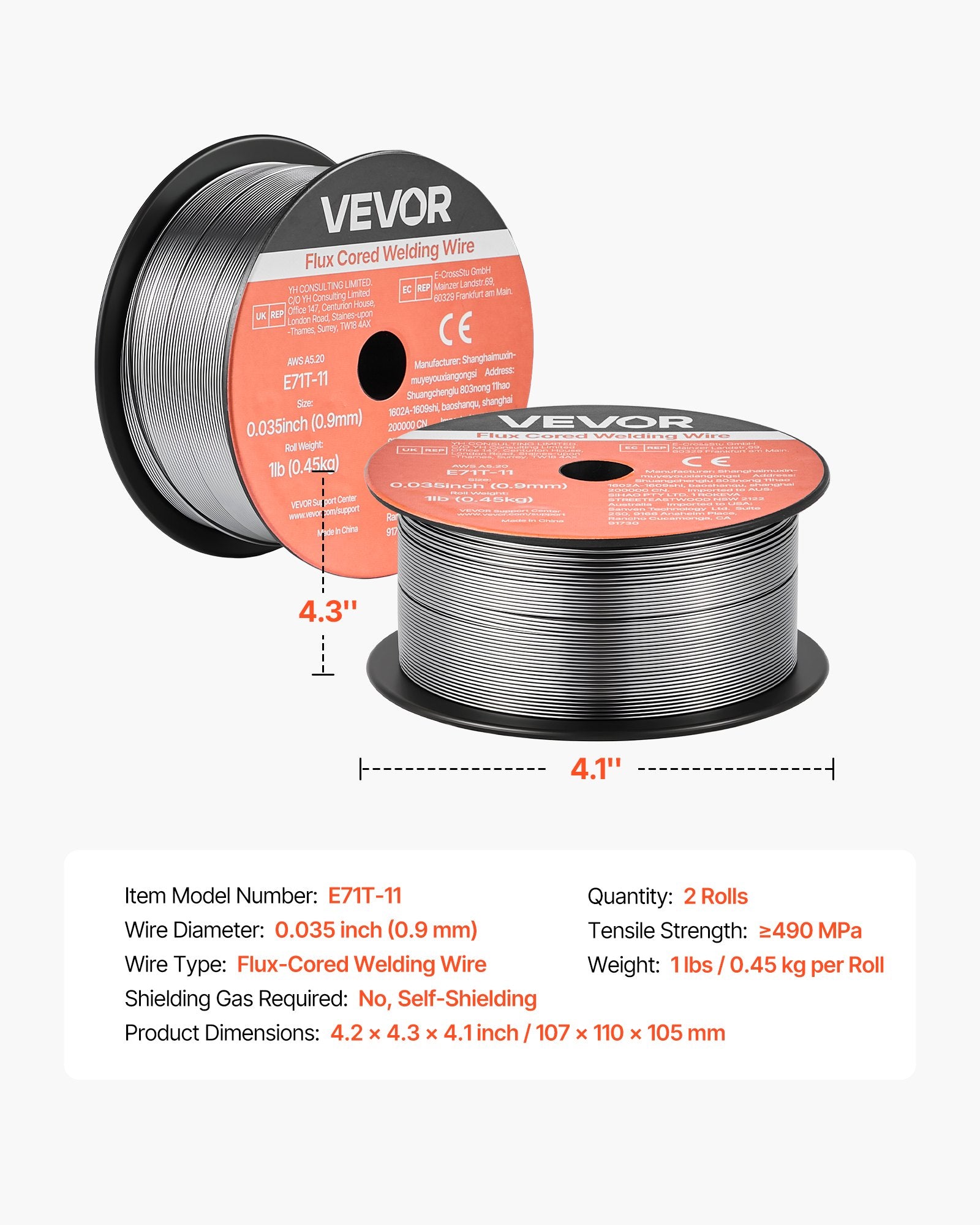 E71T-11 Flux Core MIG Welding Wire 0.9mm 0.45kg Gasless (2 Rolls)