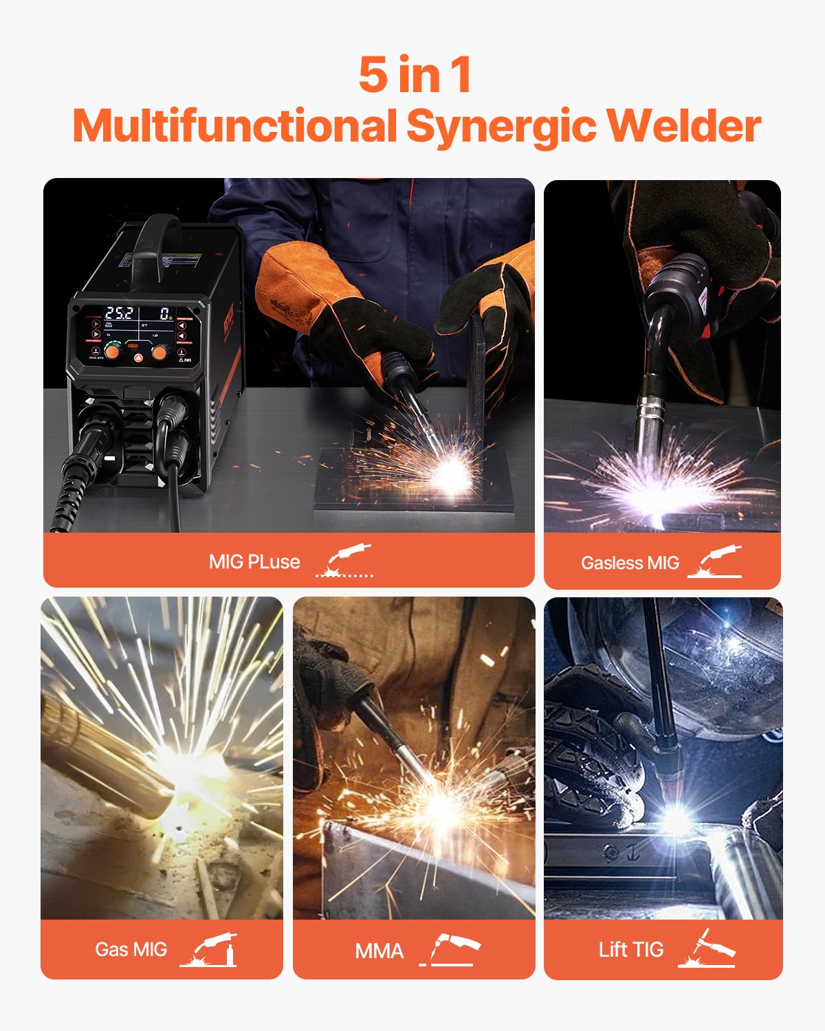 Pro MIG Welder 250A 5-in-1 Synergic MIG/Flux Core/Stick/Lift TIG with IGBT LCD