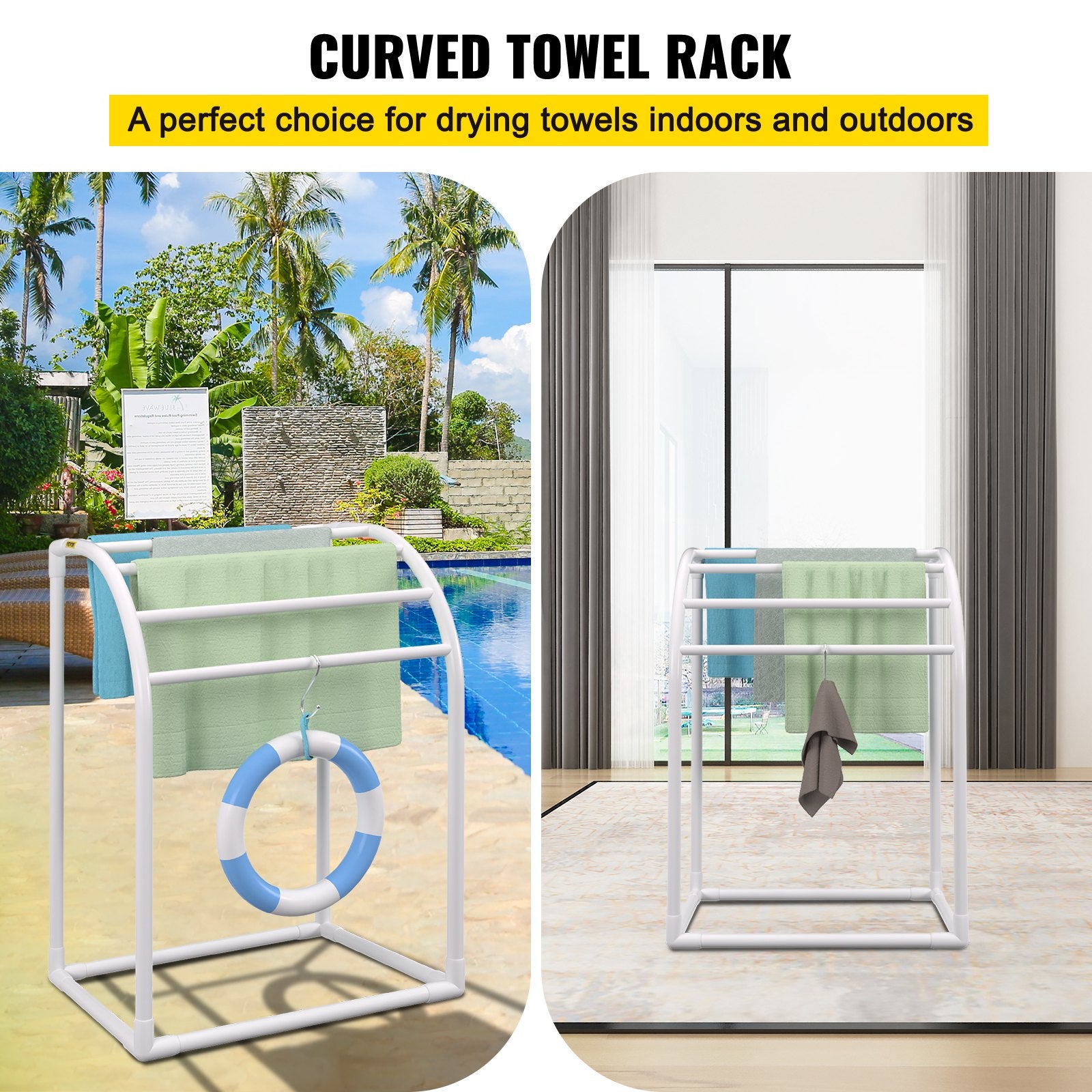 Pool Towel Rack 5-Bar Milky Freestanding PVC Outdoor Storage with Clips Mesh Bag