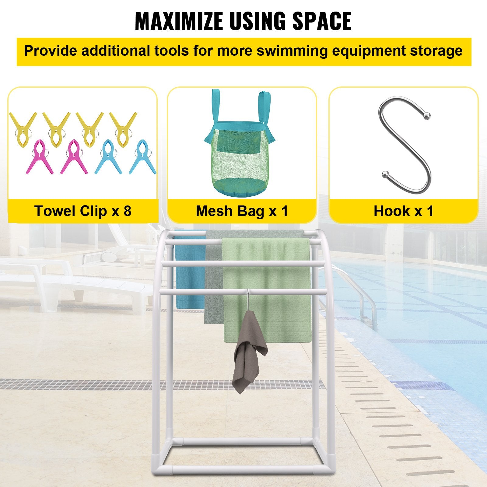 Pool Towel Rack 5-Bar Milky Freestanding PVC Outdoor Storage with Clips Mesh Bag