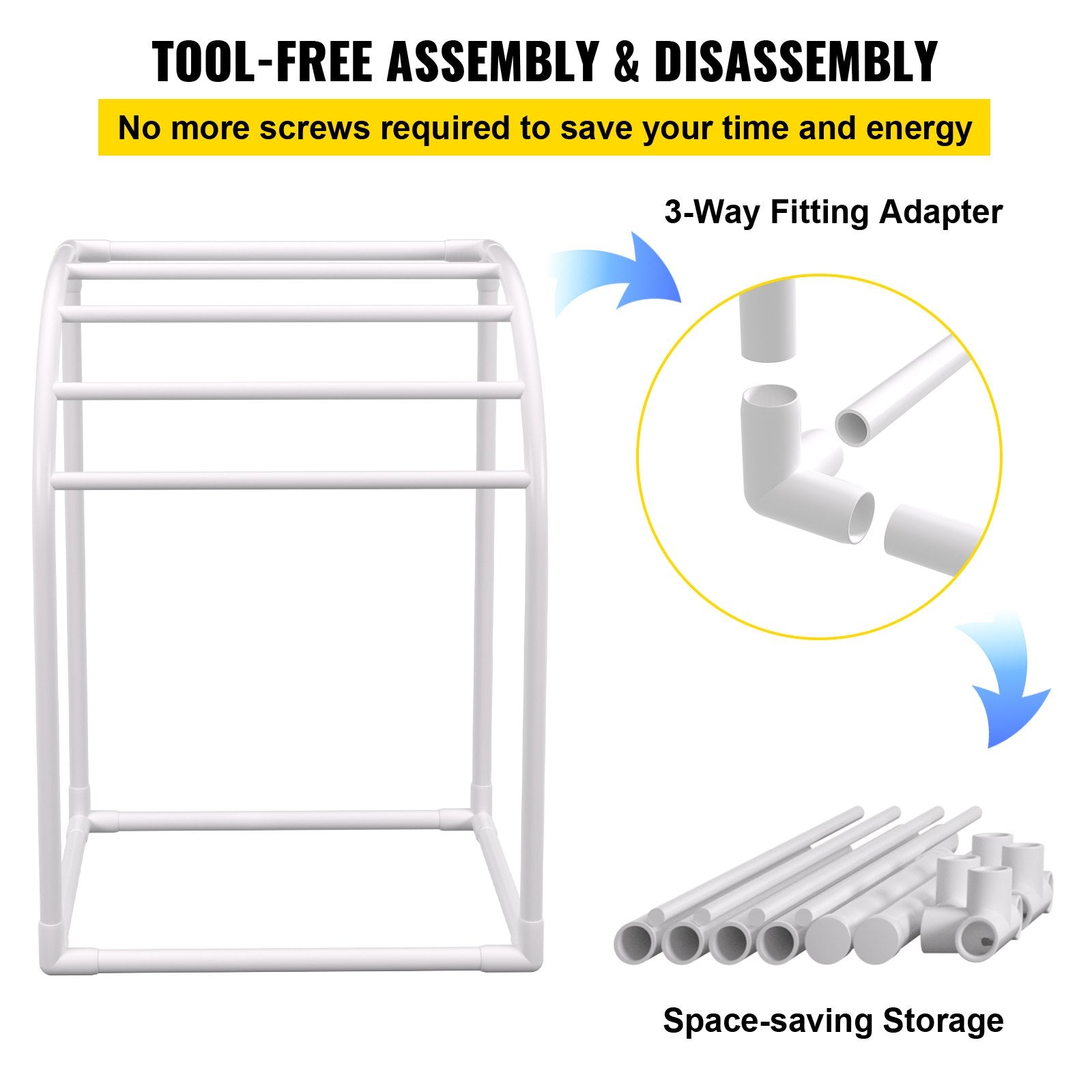 Pool Towel Rack 5-Bar Milky Freestanding PVC Outdoor Storage with Clips Mesh Bag