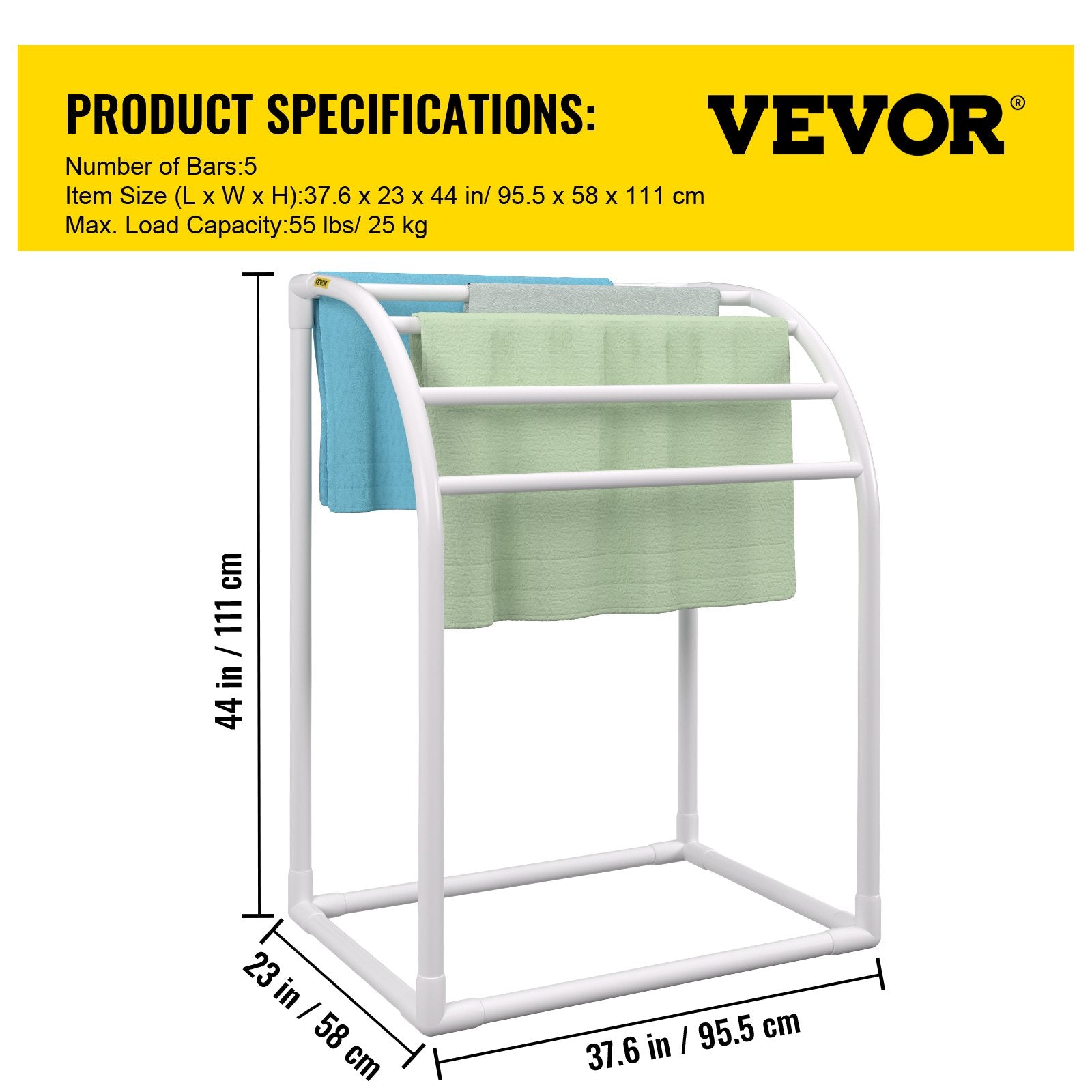 Pool Towel Rack 5-Bar Milky Freestanding PVC Outdoor Storage with Clips Mesh Bag