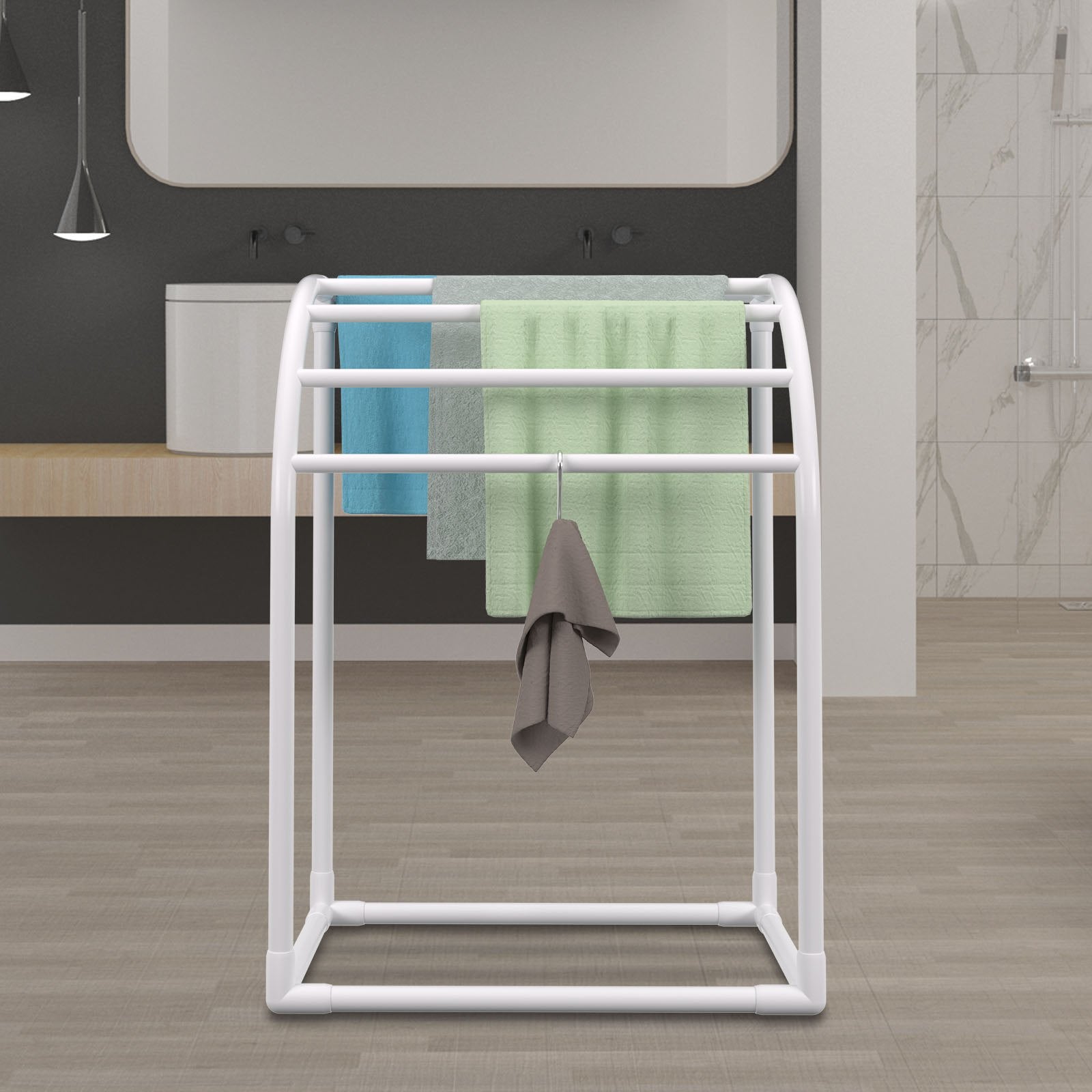 Pool Towel Rack 5-Bar Milky Freestanding PVC Outdoor Storage with Clips Mesh Bag