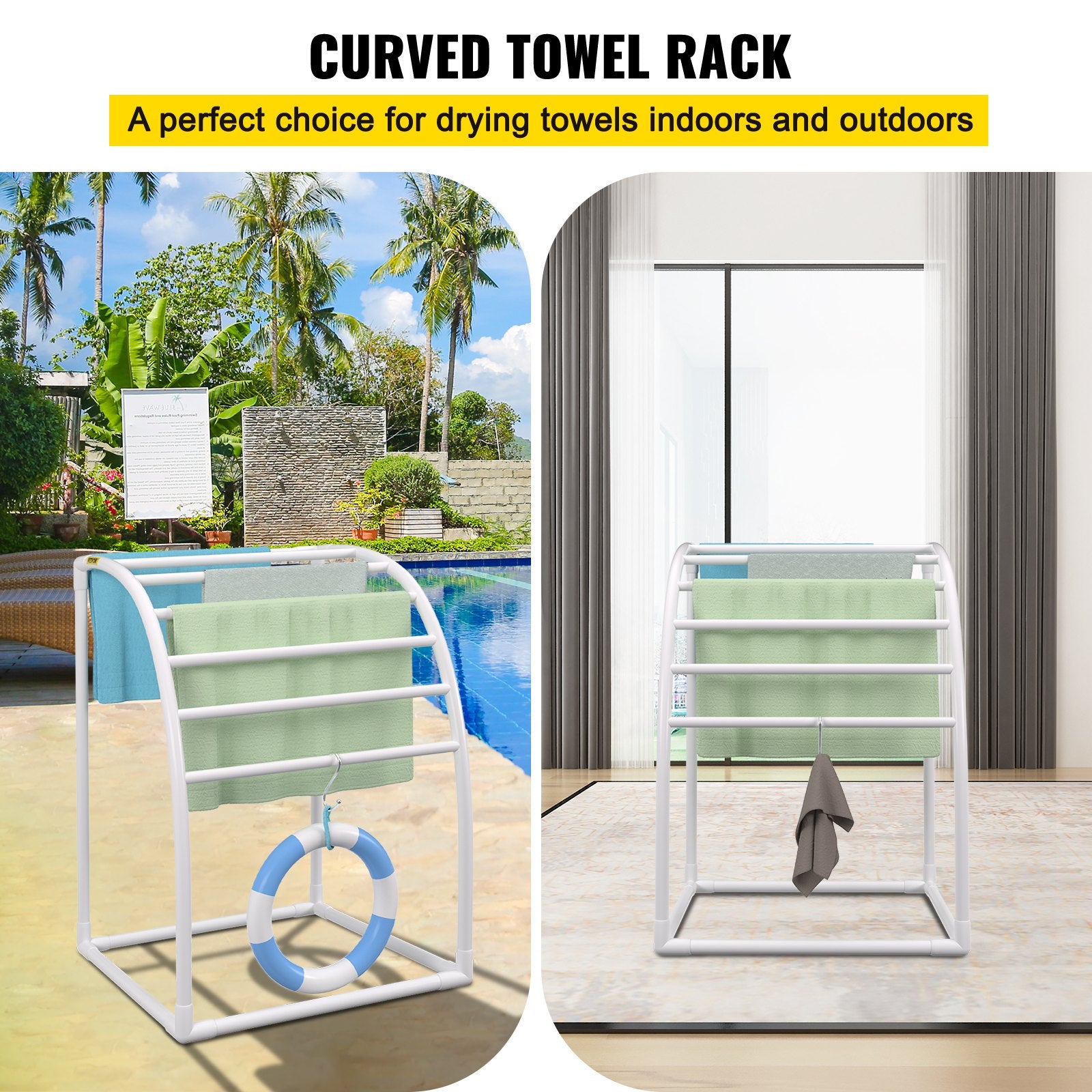 Outdoor Towel Rack 7-Bar Curved White Freestanding Pool Patio
