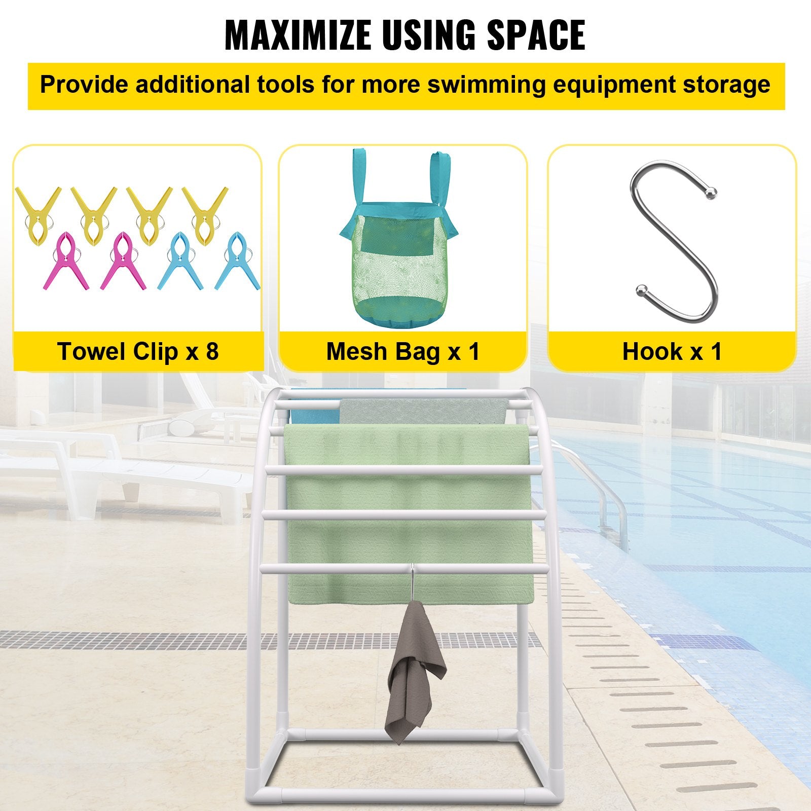 Outdoor Towel Rack 7-Bar Curved White Freestanding Pool Patio