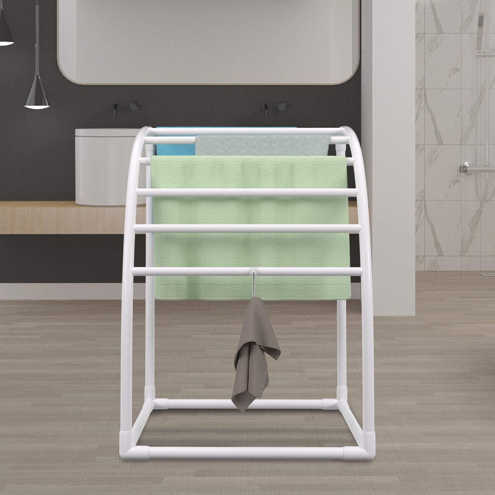 Outdoor Towel Rack 7-Bar Curved White Freestanding Pool Patio