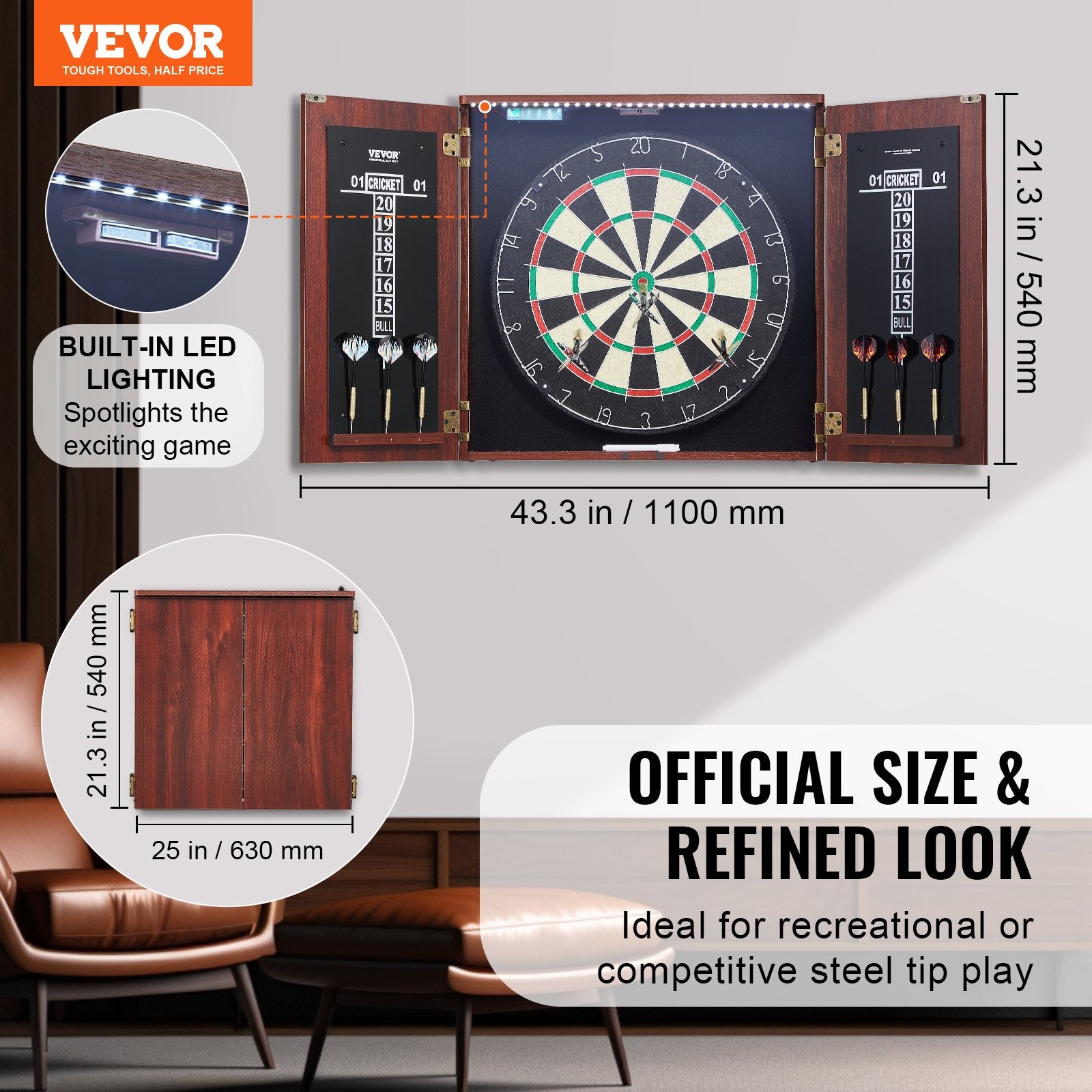 Official Size 18" Dartboard Cabinet Set LED Light Steel Tip Game Bundle