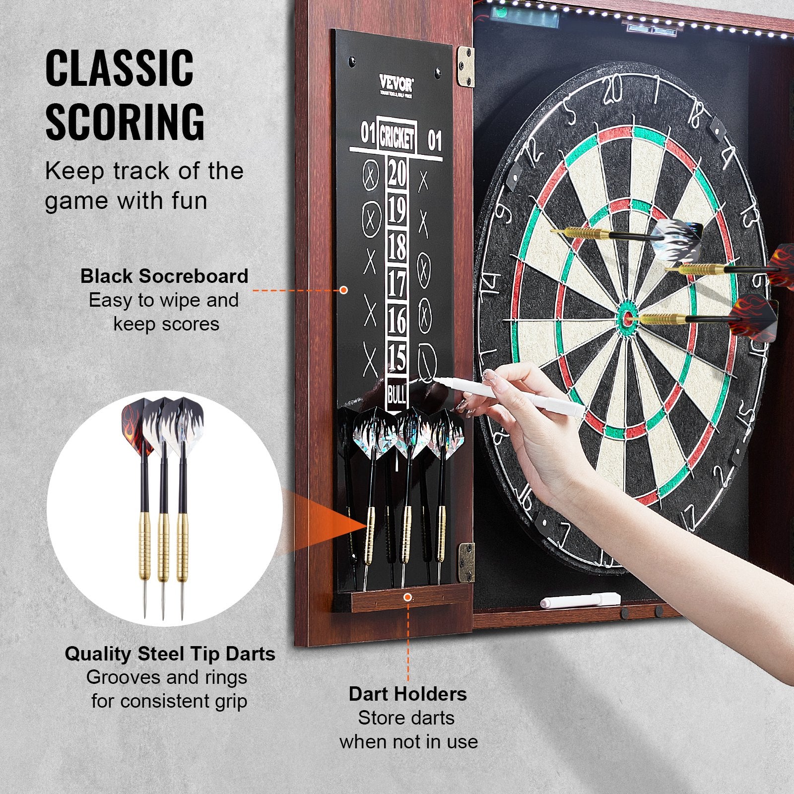 Official Size 18" Dartboard Cabinet Set LED Light Steel Tip Game Bundle