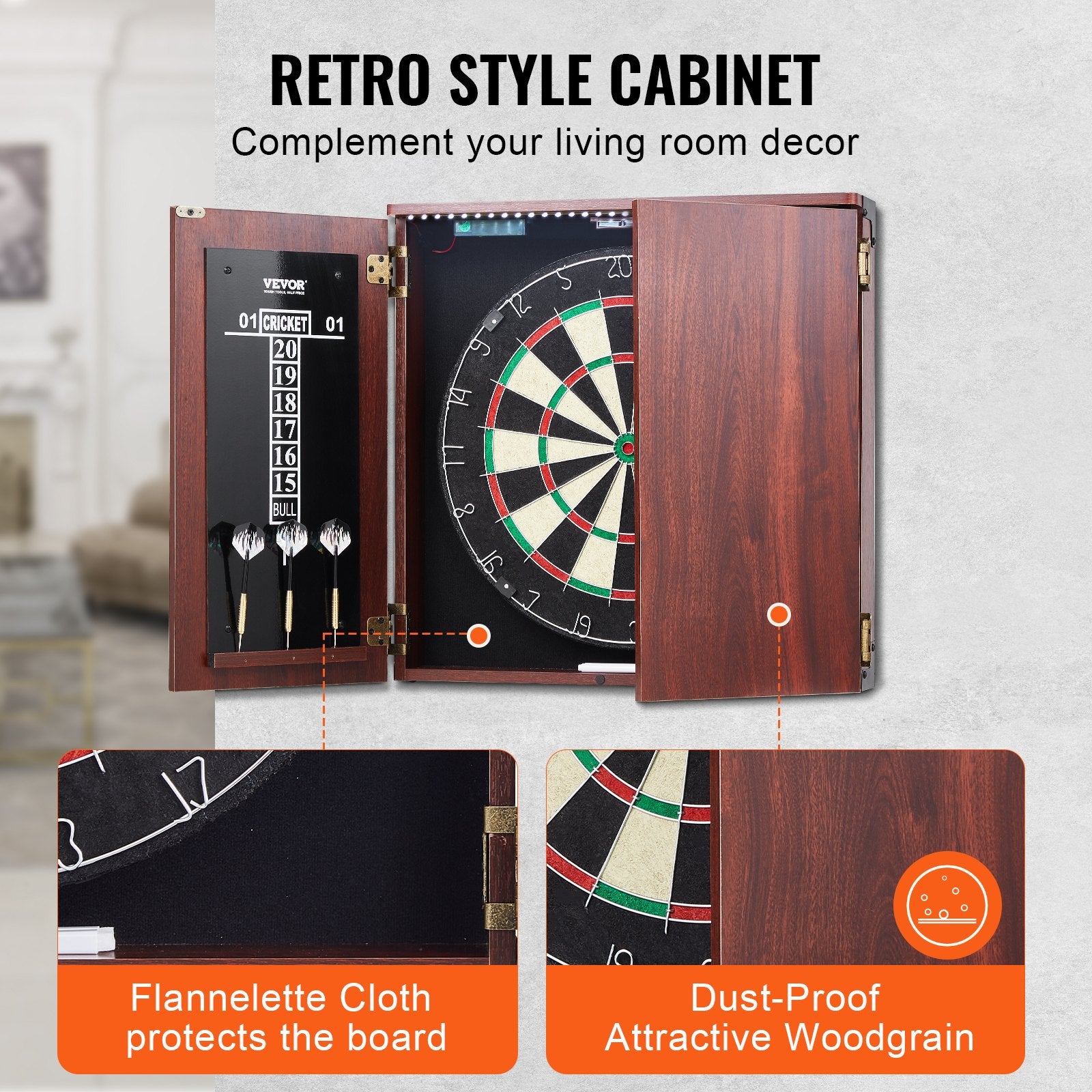 Official Size 18" Dartboard Cabinet Set LED Light Steel Tip Game Bundle
