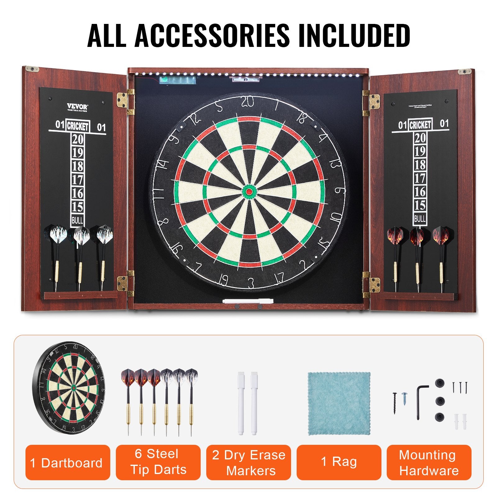 Official Size 18" Dartboard Cabinet Set LED Light Steel Tip Game Bundle